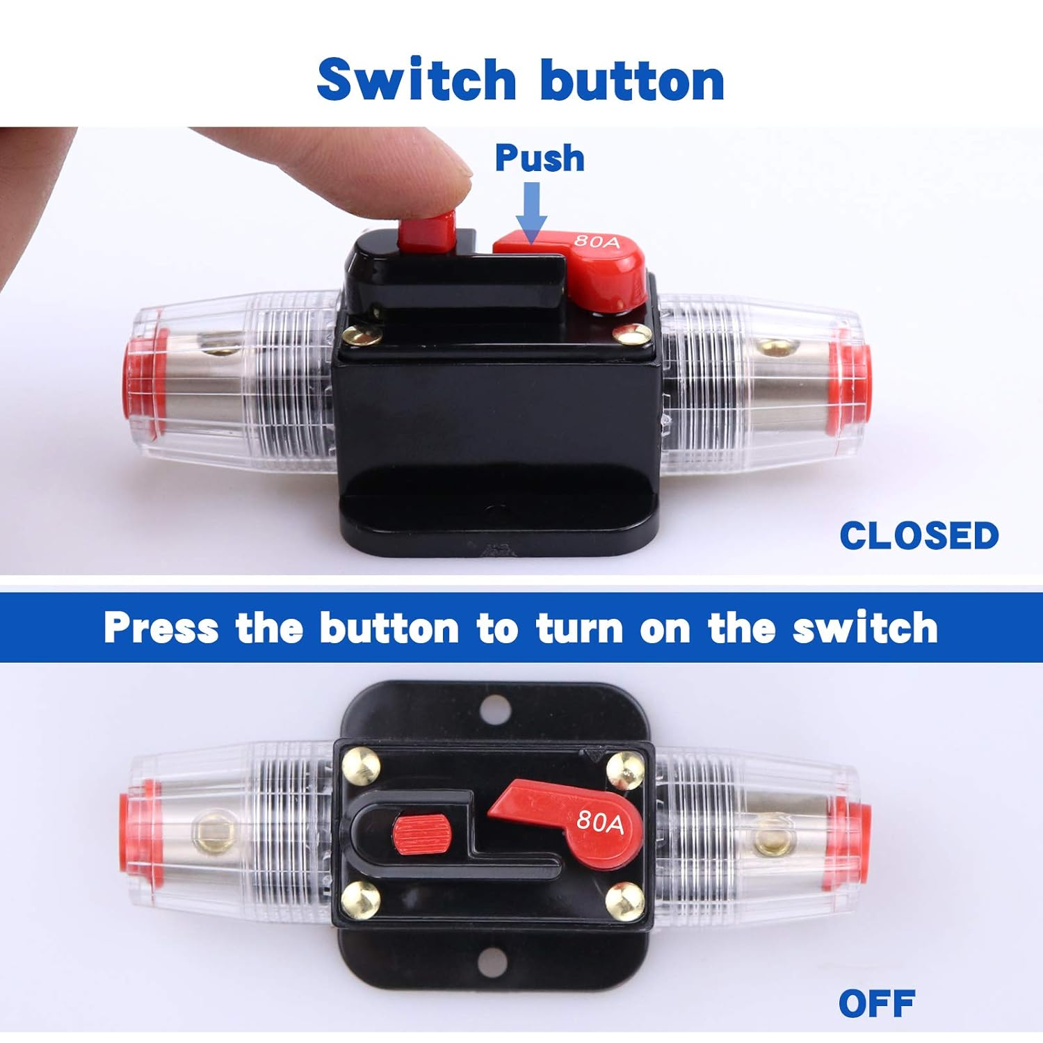 80 Amps Audio Inline Circuit Breaker Reset Fuse, 12V-24V DC Manual Reset Inline Fuse Holder for Car Marine Trolling Motors Audio, Stereo Switch and Solar Inverter System Protection 80A 2 Pcs image number 6