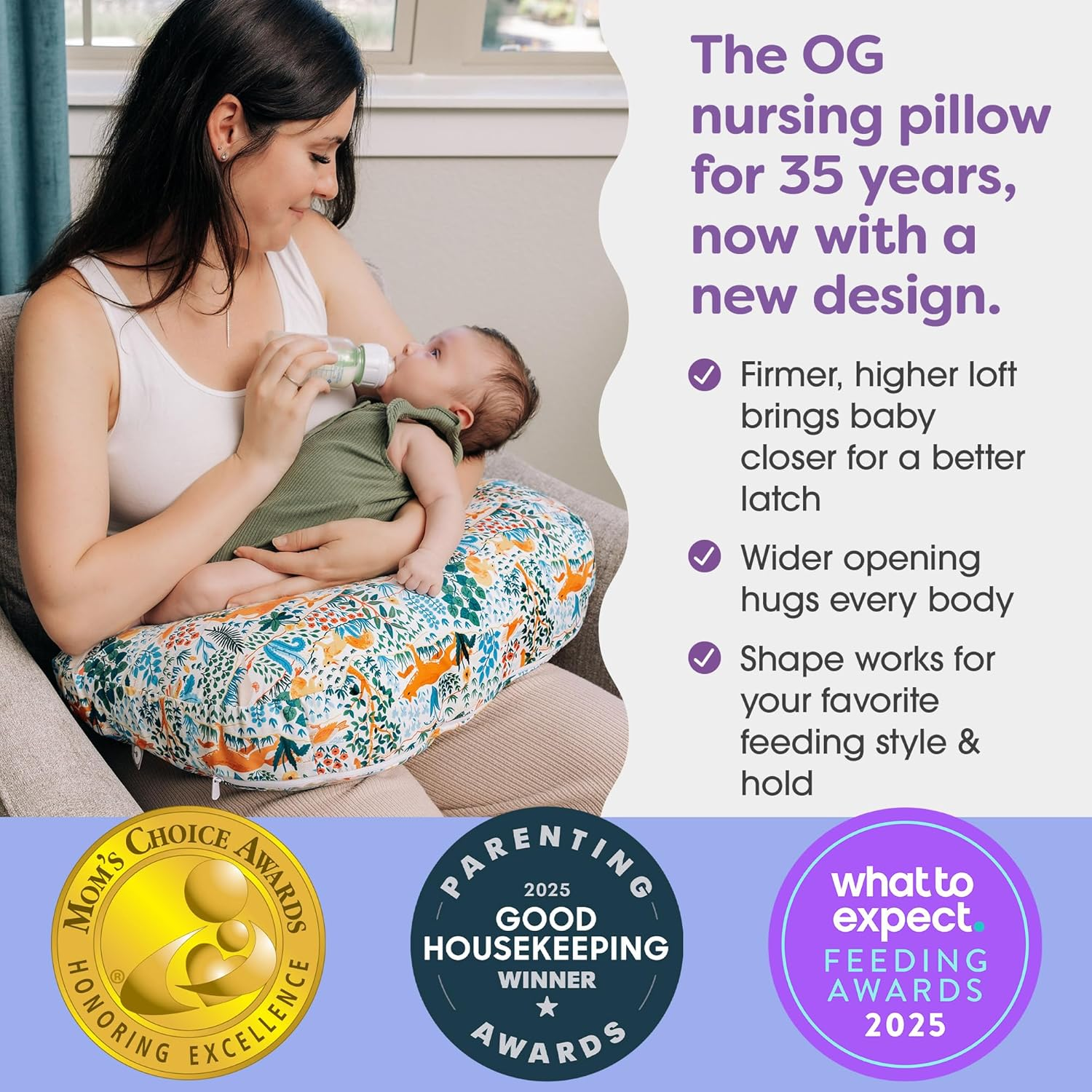 Boppy Nursing Pillow - Ergonomic Bottle & Breastfeeding Pillow with High, Firm, Large Area, Water-Repellent Cushion with Washable Cover; Baby Safety Alliance Verified - Colorful Forest Animals image number 1