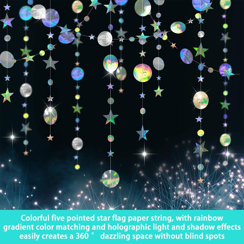 MOTRAIN Iridescent Star Moon Circle Dot Garland Party Decoration Set, Hanging Twinkle Star Banner Backdrop, Little Star Iridescent Party Supplies for Kids Birthday Wedding Festival Engagement