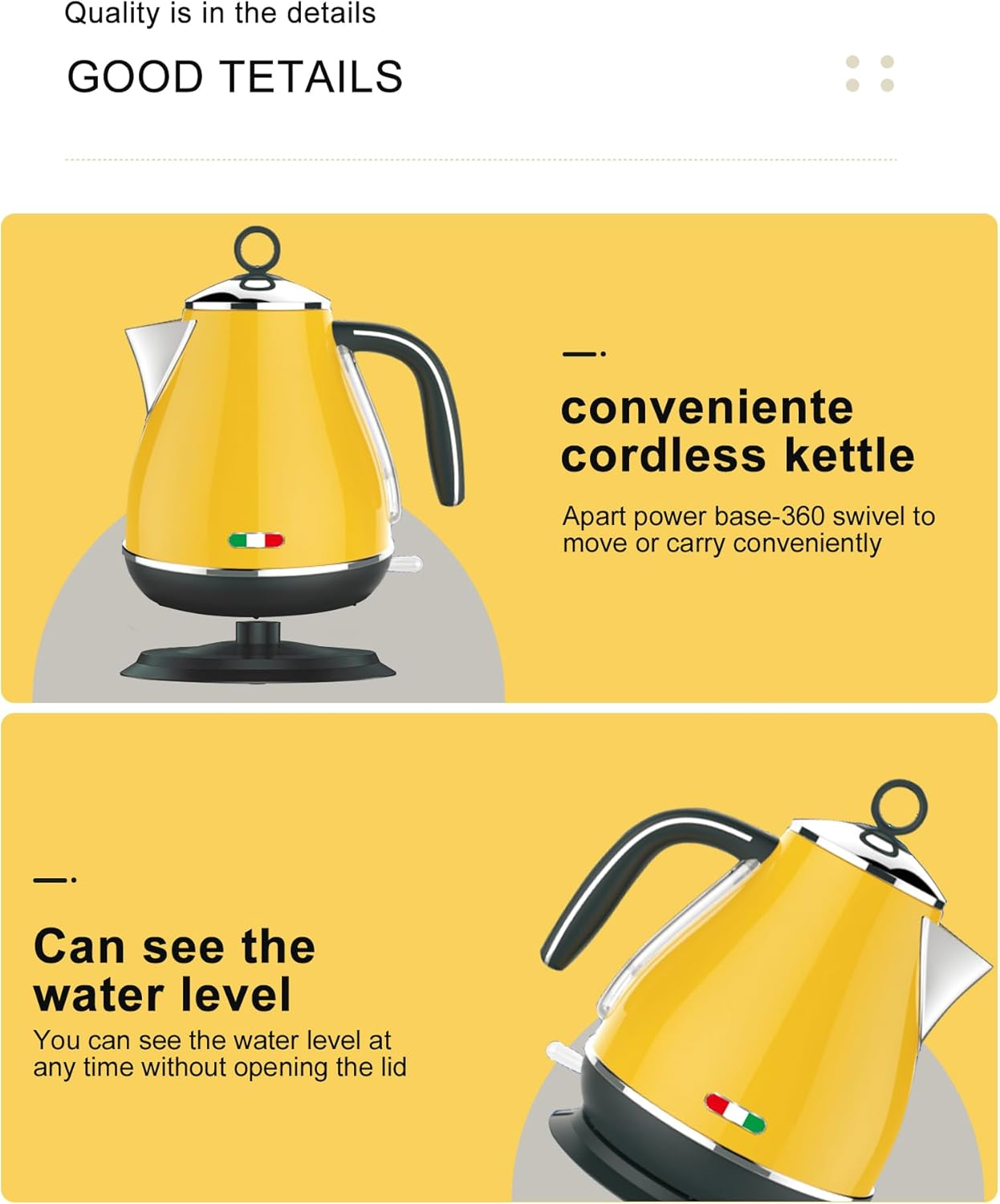 Vintage Electric Kettle Yellow 1.7L Stainless Steel Auto off 2200W image number 4