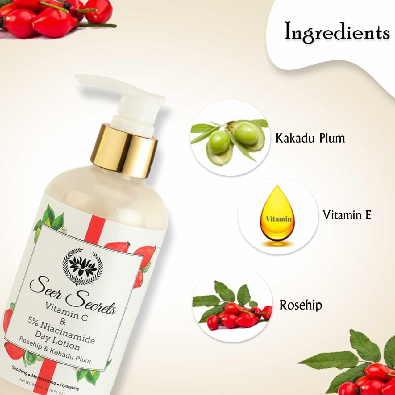 Seer Secrets Natural Rosehip & Kakadu Plum Day Lotion for Smoothing, Moisturizing & Hydrating Skin | Vitamin C & 5% Niacinamide | Better Skin Elasticity | Younger Looking Skin | Pack of 300ML image number 3