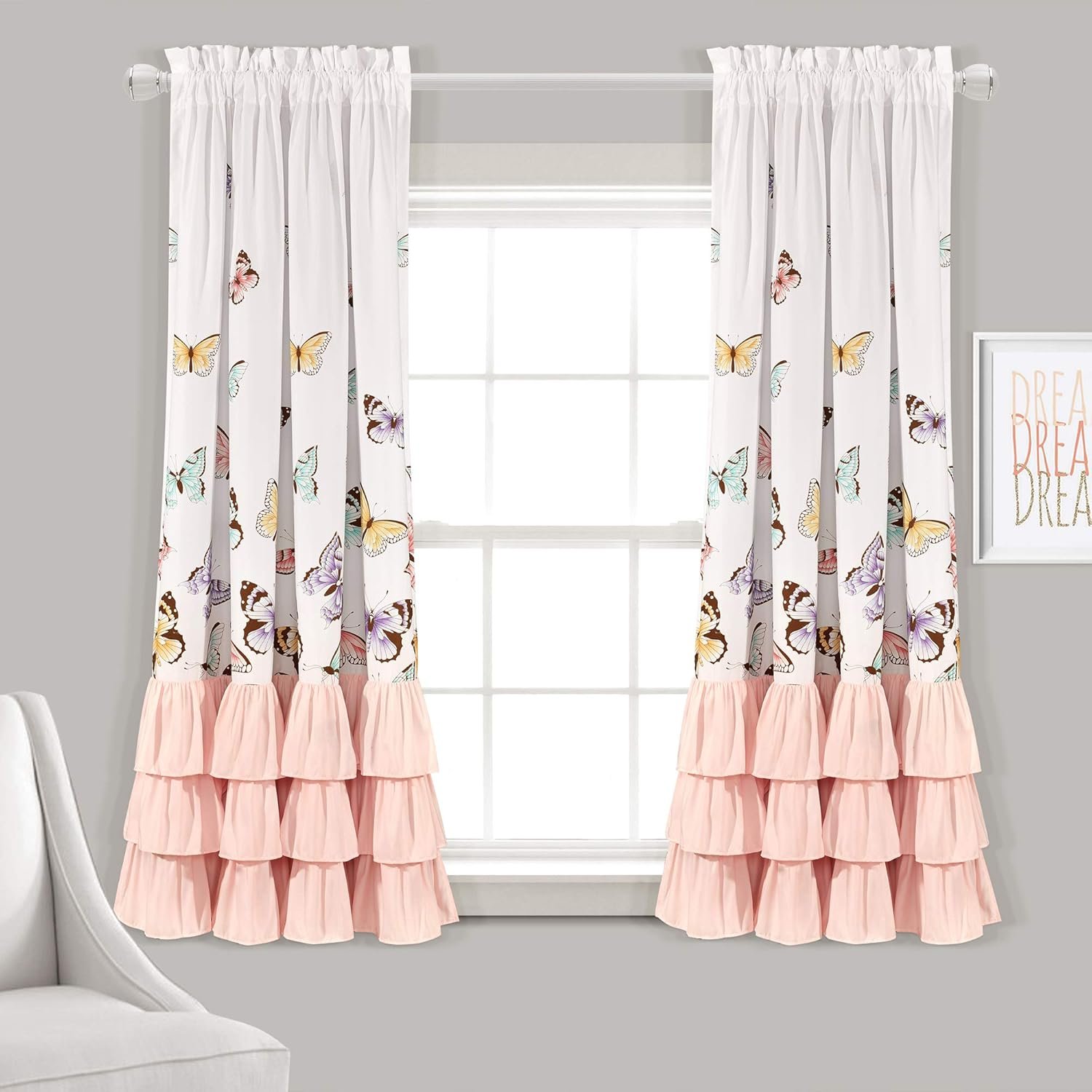 Lush Decor Flutter Butterfly Curtains | Ruffle Print Design Window Panel Set for Living, Dining, Bedroom (Pair), 84&rdquo; X 52&rdquo;, Pink