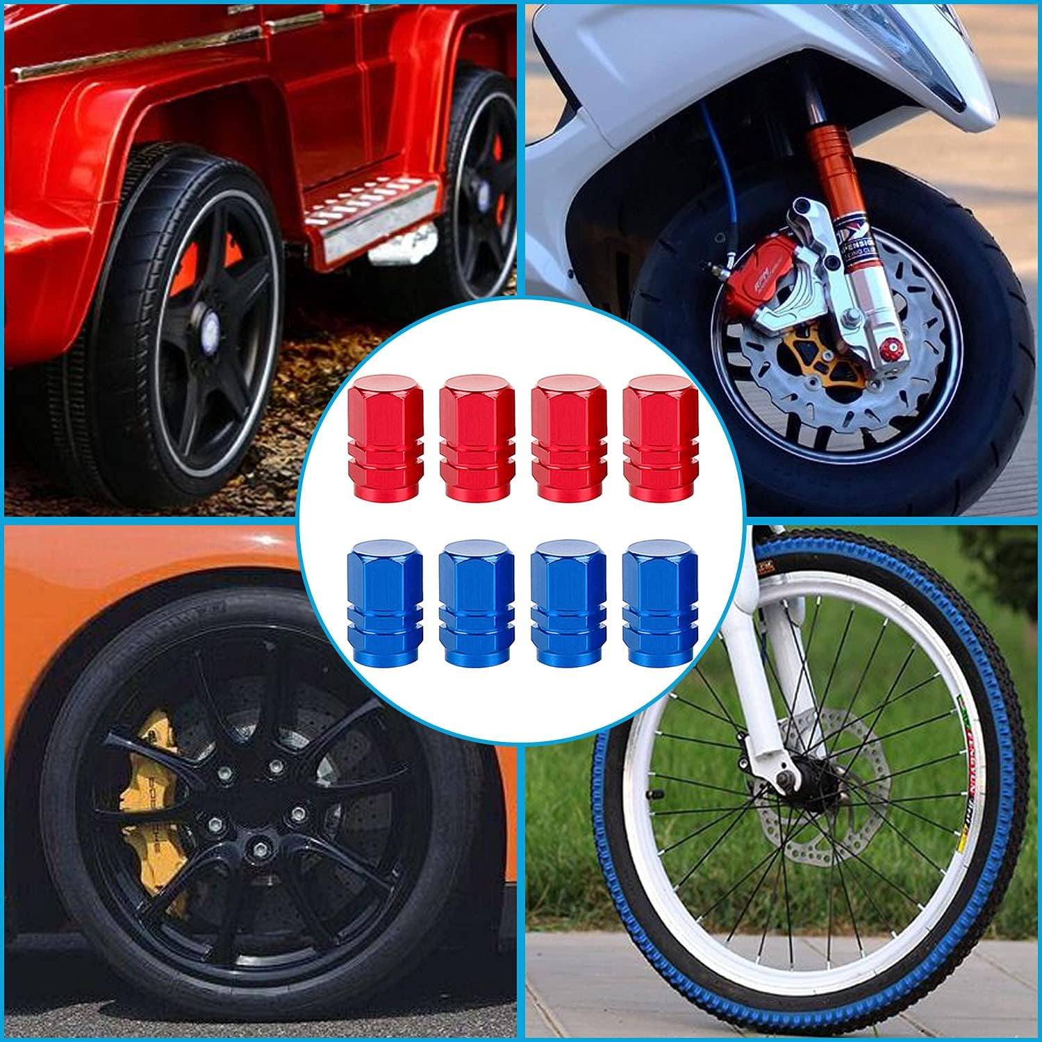 8 Pcs Aluminum Tire Valve Stem Caps Metal Car Dust Caps for Car Tyres Universal Tyre Valve Caps Car Caps with Gasket for Motorbike, Trucks, Bike, Electric Scooter, SUV, Baby Buggies (Red, Blue) - Black,Grey image number 5