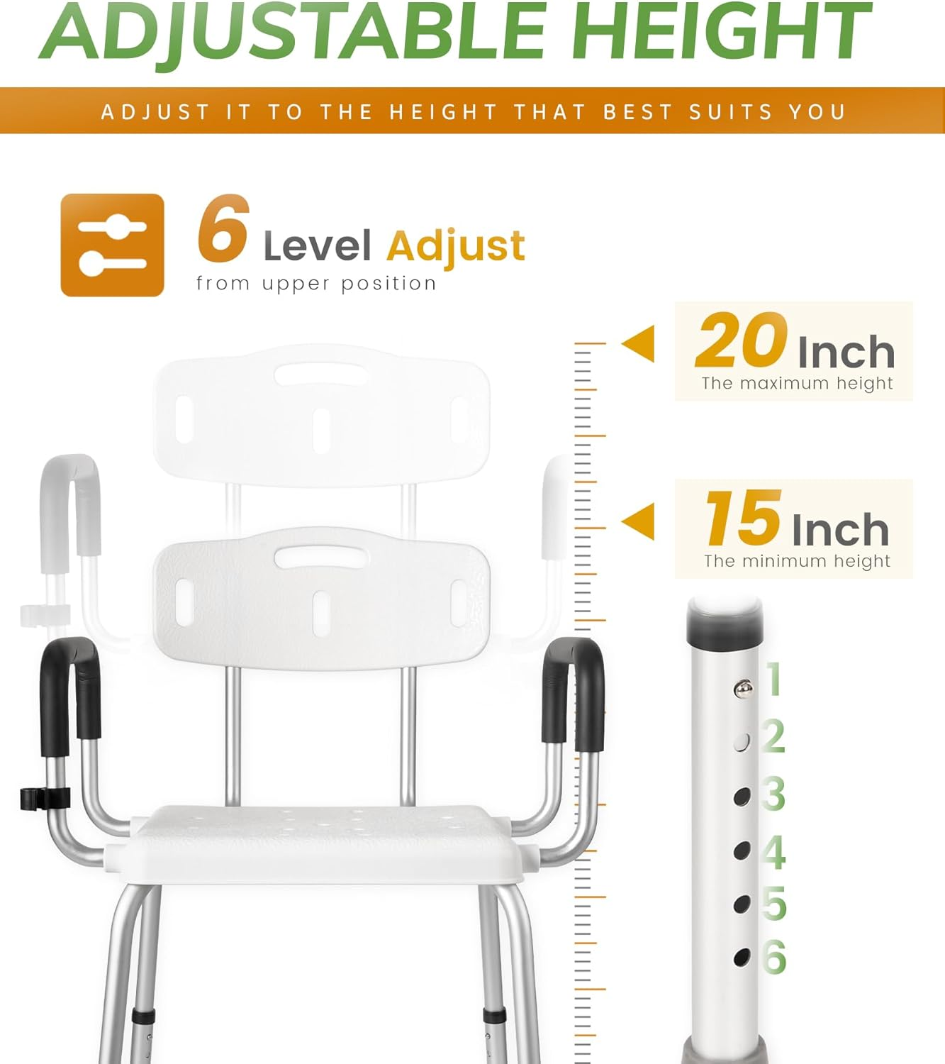 STABASE Heavy-Duty Shower Chair with Arms and Backrest &ndash; 180Kg Capacity, Adjustable Height Bath Seat for Elderly, Seniors, Disabled & Injured Adults