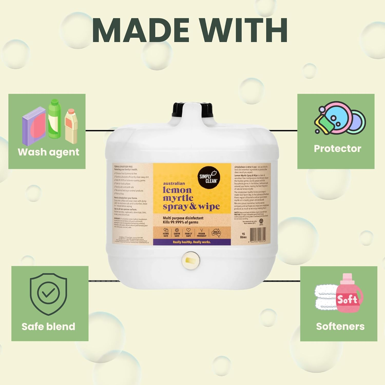 Simplyclean Lemon Myrtle Spray & Wipe - Natural Multi-Purpose Cleaner with Australian Lemon Myrtle Essential Oil - Kitchen and Bathroom Surface Cleaner - Ammonia Free - All Purpose Spray - 15 Ltr image number 6