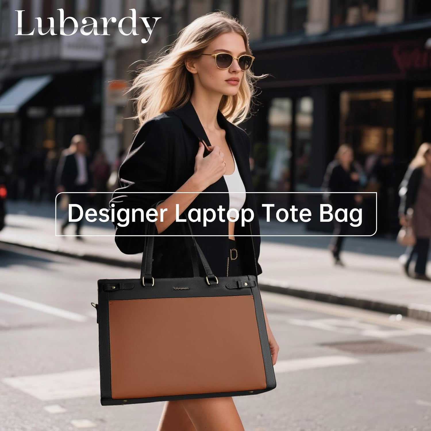 Lubardy Laptop Bag for Women 15.6 Inch Vegan Leather Work Tote Bag Womens Briefcase Waterproof Computer Bags Professional - Black  Brown image number 2