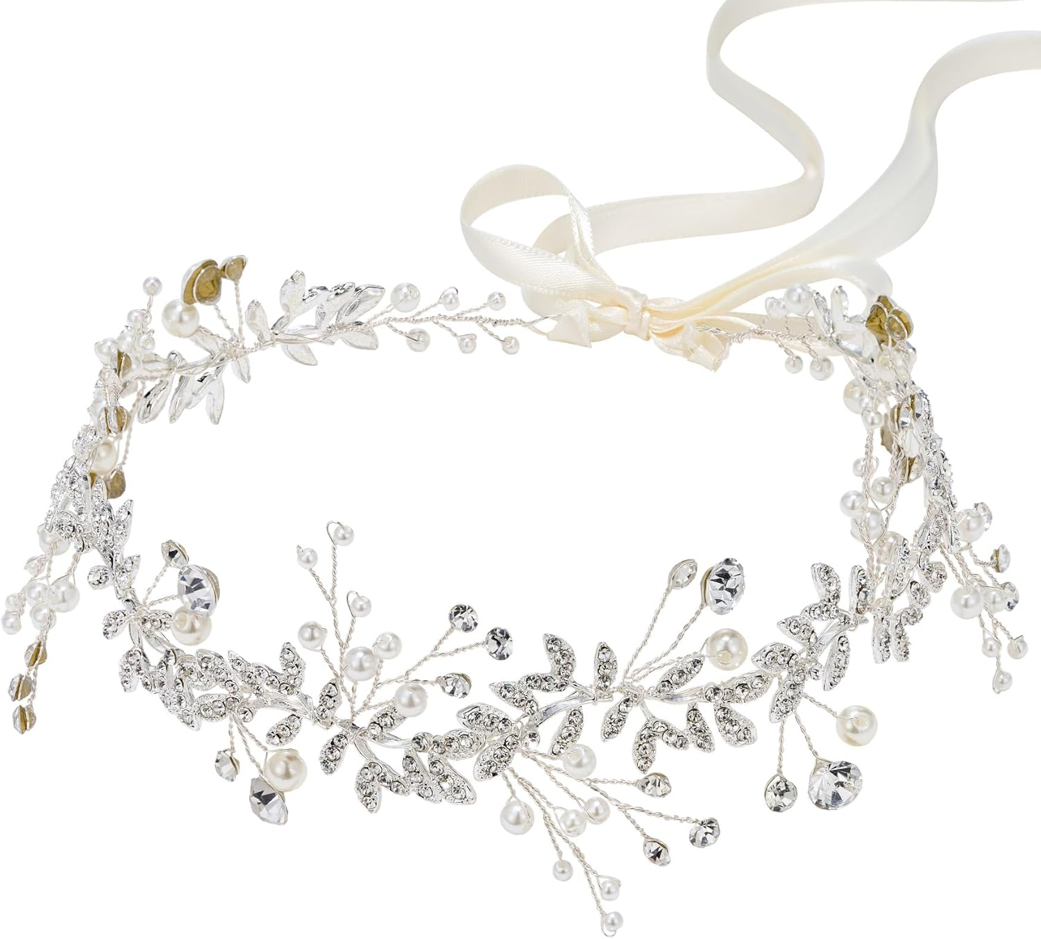 SWEETV Pearl Rhinestone Hair Vine Band Bridal Headband Tiara - Bohemian Hair Accessories, 1 Count (Pack of 1), Crystal Simulated Pearl image number 1
