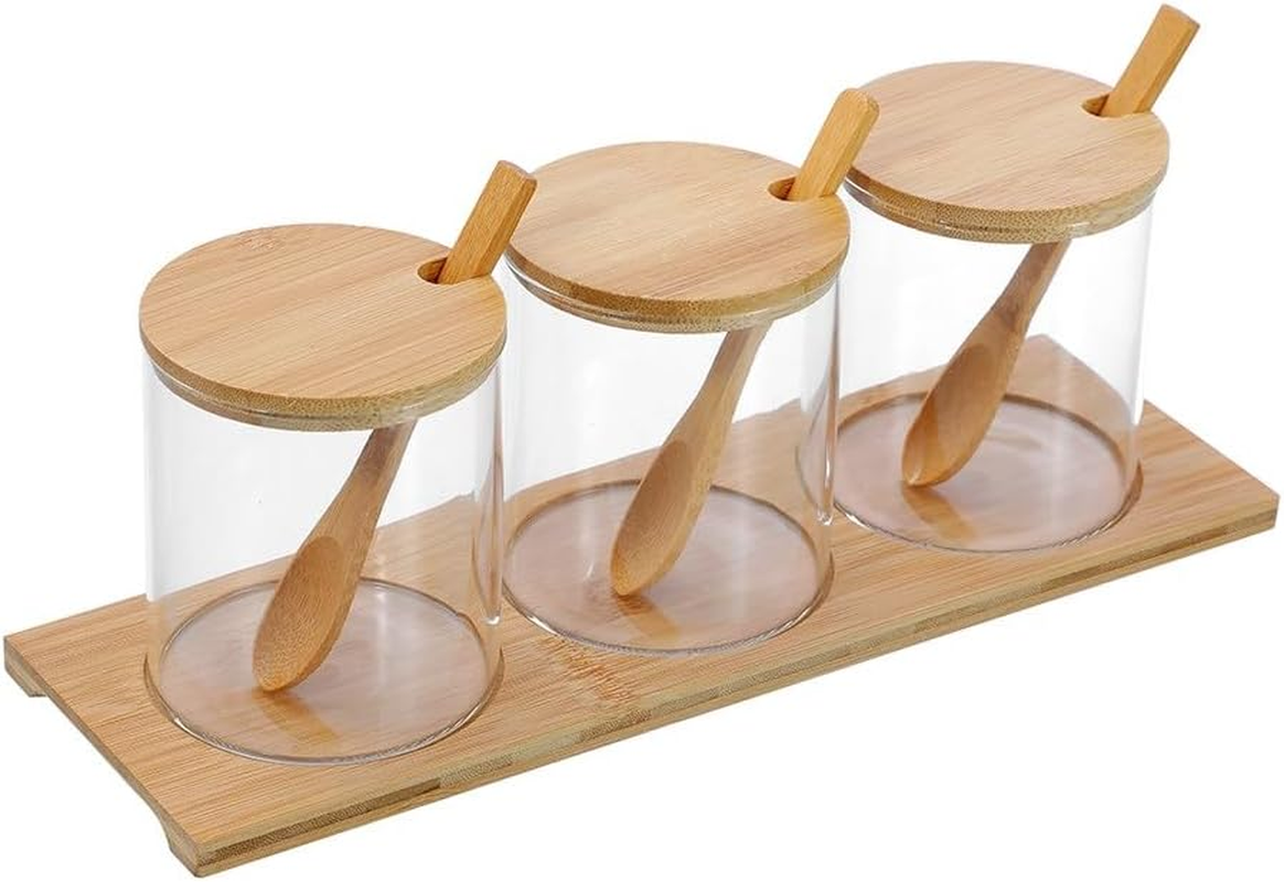 Lemon & Lime 380ML CAMDEN GLASS SPICE JAR 3PC SET BAMBOO TRAY with SPOONS image number 1