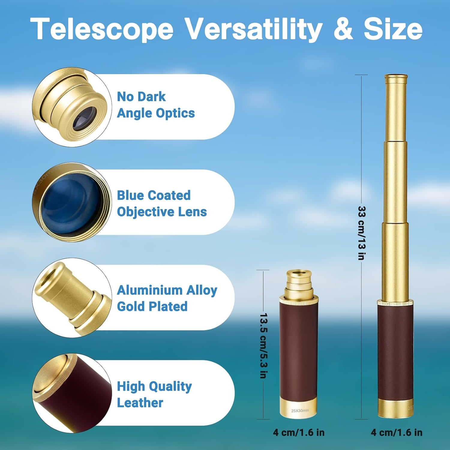 Laupha Retro Pirate Telescope Zoomable 25X30 Spyglass Portable Collapsible Handheld Telescope Vintage Monocular for Kids & Survival Gear Compass Pocket Military Compass for Camping Boating