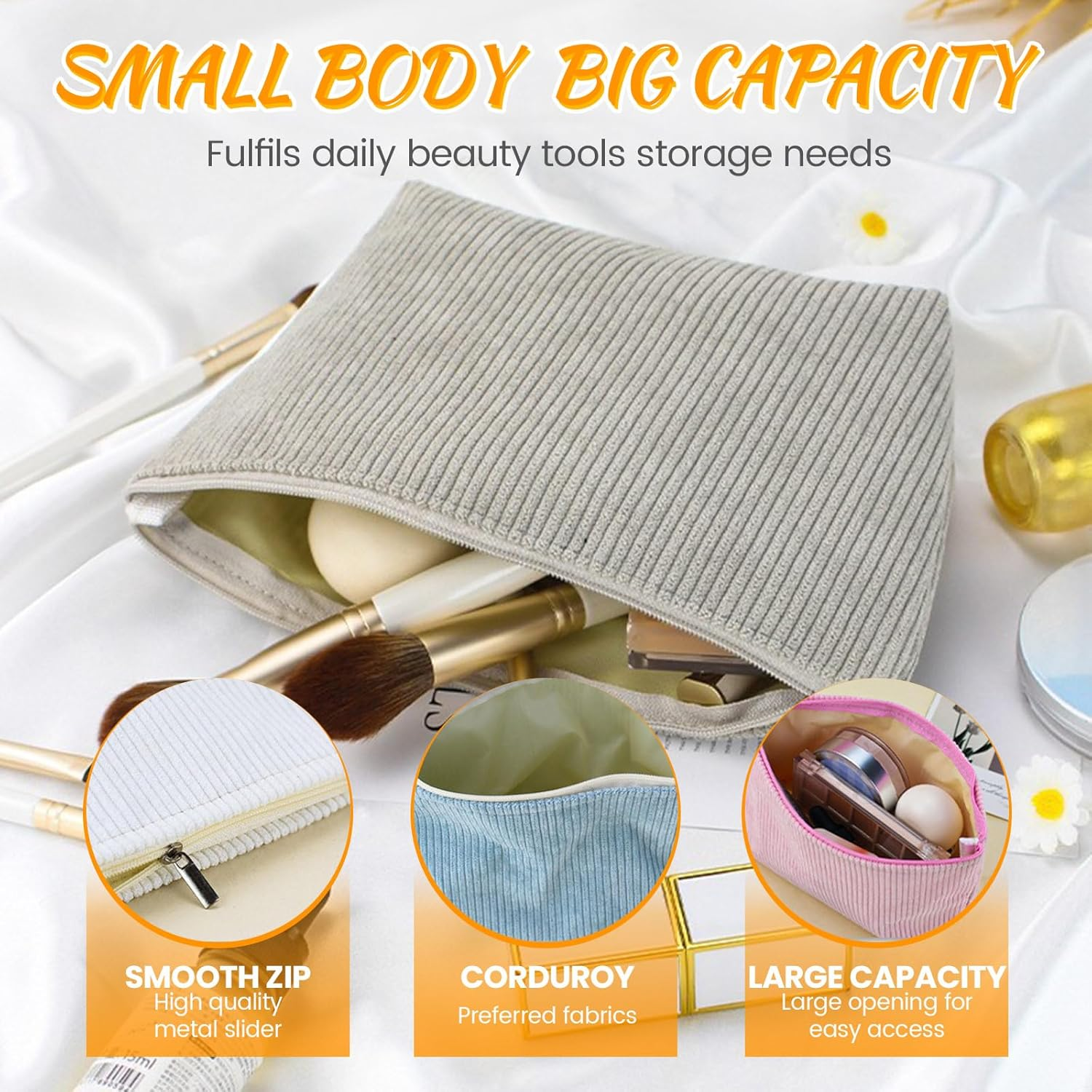 Huakaile 2 Pieces Corduroy Makeup Bag Set, Small Cosmetic Pouch Case with Zipper, Cute Travel Toiletry Bag Organizer for Girls Women Gifts Purse Storage (Pink) image number 5