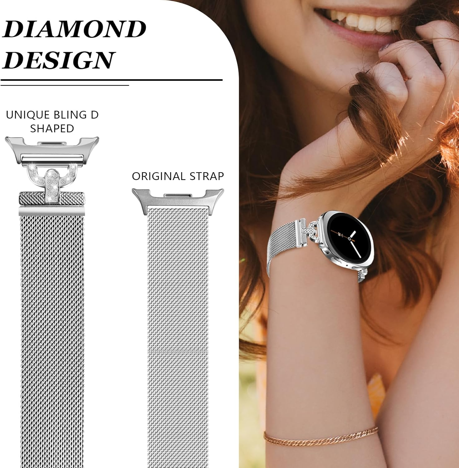 HAYONLIY Metal Magnetic Bands Compatible with Samsung Galaxy Watch 8 40Mm 44Mm/Galaxy Watch 8 Classic 46Mm, Mesh Stainless Steel Dressy Wristband with D-Shape Diamond Women(No Case) - Rose Gold image number 5