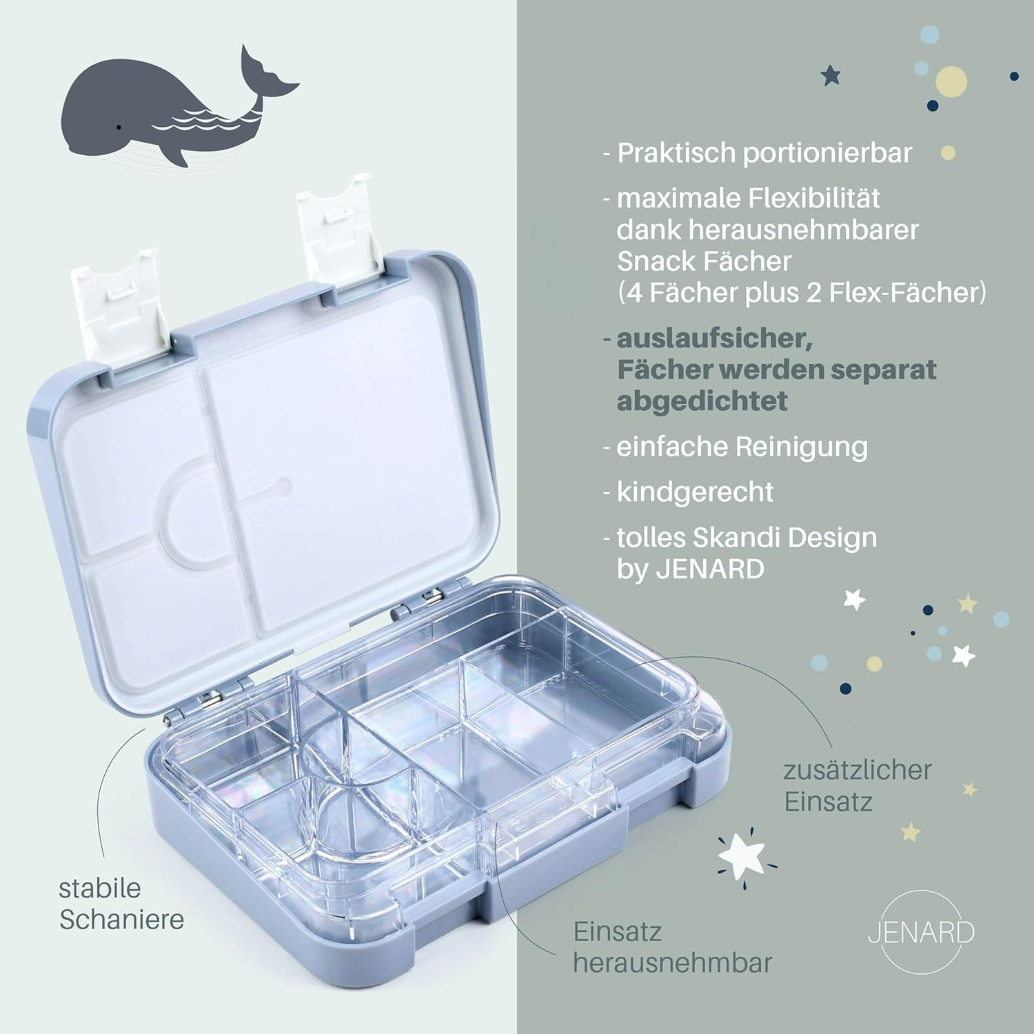 Jenard Lunch Box, Bento Box, Lunch Box, Vesper Box for Children with Compartments, Leak-Proof, Dishwasher Safe, Child-Friendly and Bpa-Free, Blue with an Educational World Map Full of Animals image number 3