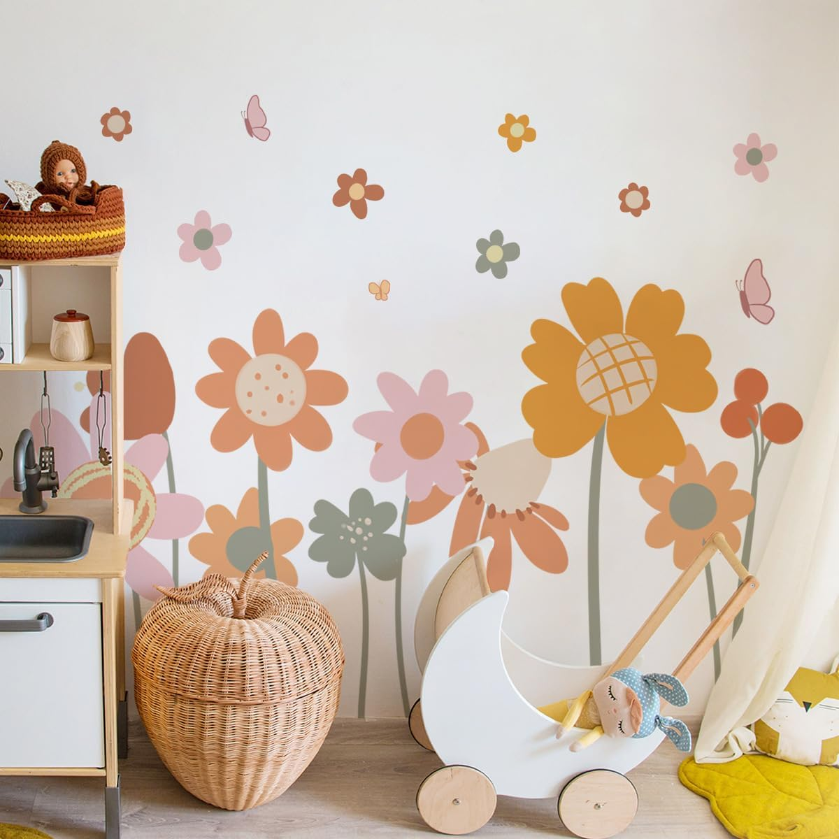 Retro Colorful Big Flowers Kids Wall Stickers Wall Art Decal Nursery Bedroom Decorations Wall Decor Modern Wallpaper for Kids Boy Girl Rooms Nursery Bedroom Decorations-Self-Adhesive image number 3