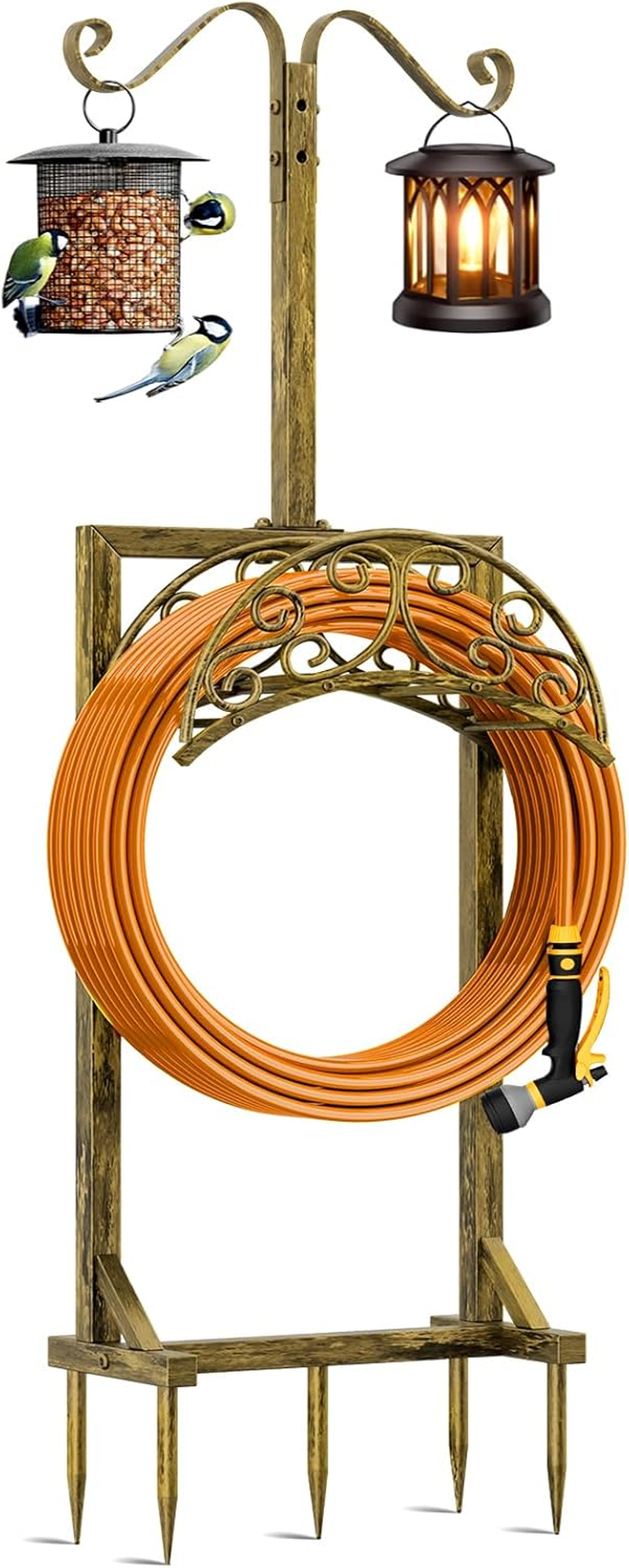 Jvgoo Garden Hose Holder for outside - Upgraded Water Hose Holders with 5 Spikes & 2 Shepherds Hooks, Freestanding Garden Hose Stand Heavy Duty Hose Hanger Hose Storage Hose Reel Rack for Yard Lawn