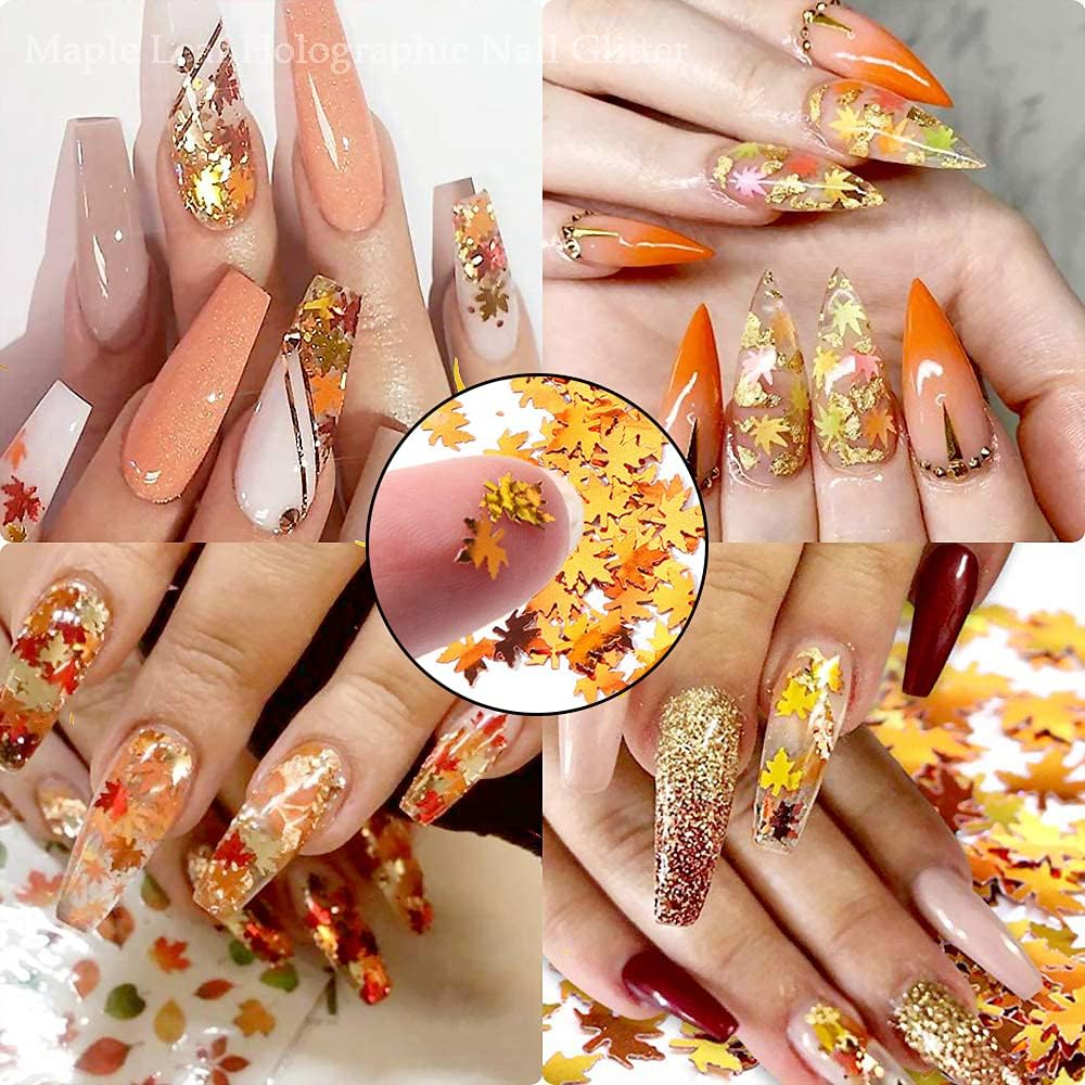 Nail Art Holographic Glitter Fall Maple Leaf Shaped Flakes 2 Pot,Red Yellow Orange Glitter Sequins 3D Mixed Metallic Maple Glitter Nail Art Design Spangles for Acrylic Nail Kit Manicure Decorations image number 2