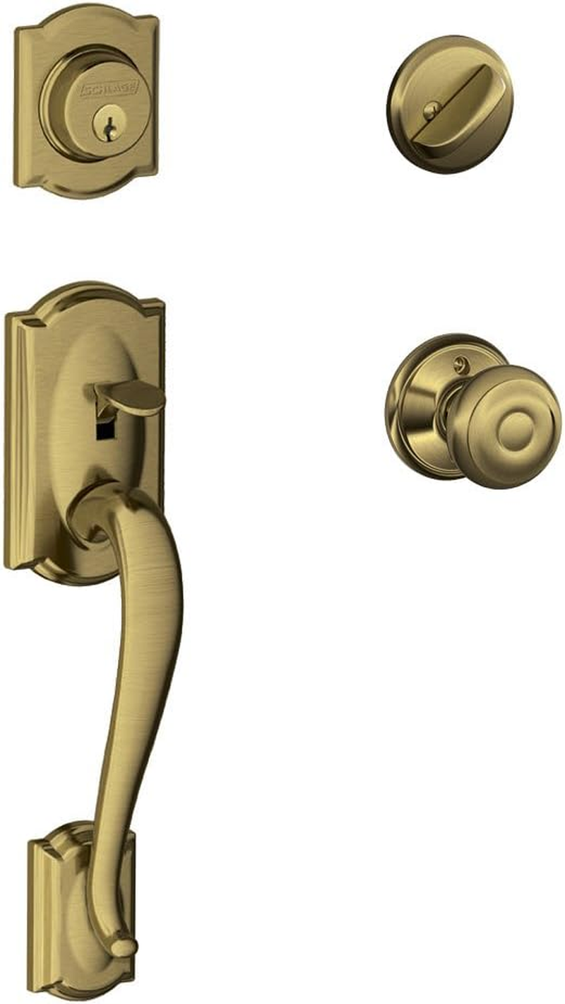 Schlage Camelot Single Cylinder Handleset and Georgian Knob, Antique Brass (F60 CAM 609 GEO)