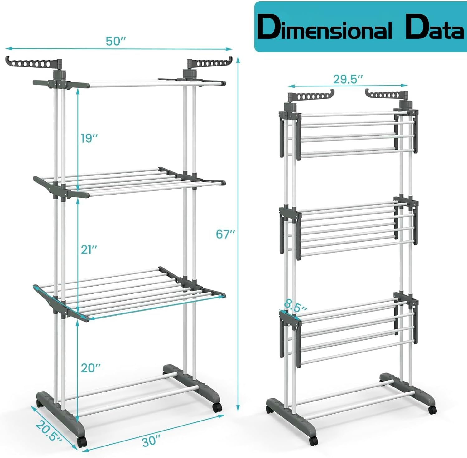 Yuedefly Professional 4 Tier Foldable Clothes Drying Rack, Clothes Airer, Drying Rack, Clothes Rack, Adjustable Large Stainless Steel Laundry Rack for Indoor and Outdoor Use, Grey image number 2
