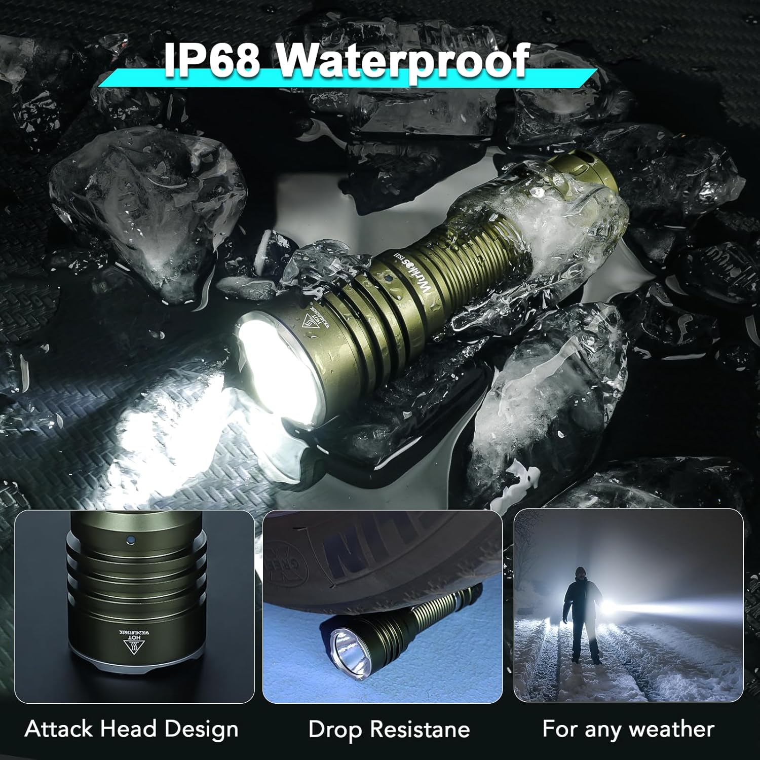 Wurkkos TS23 Flashlight,5000 High Lumens Rechargeable Flashlight,70.3 HI LED 482M Attack Head LED Flashlights,Ip68 Waterproof Flashlights for Emergency,Repair,Camping,Hiking(Olive Green) - Olive Green image number 5