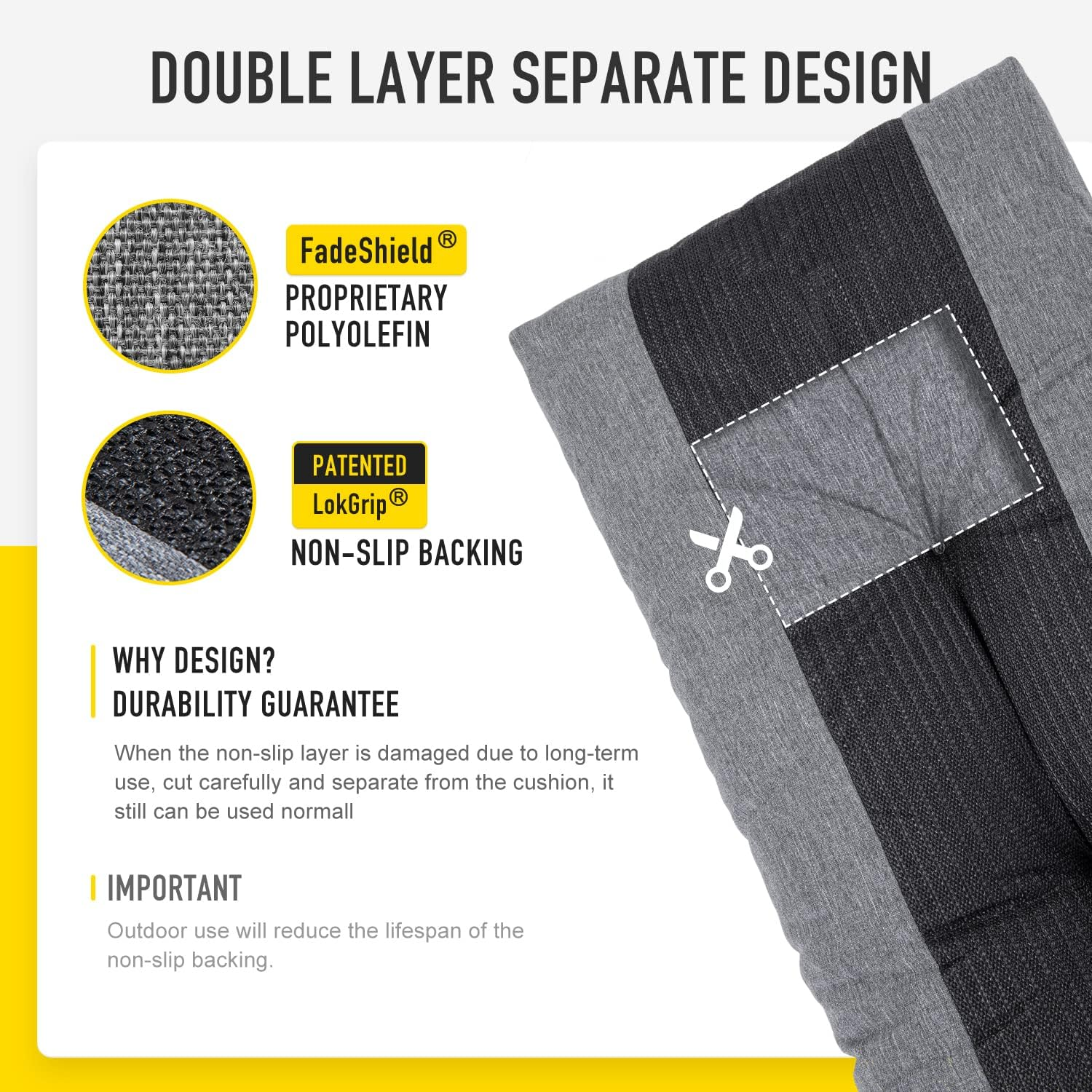 Sunrox Lokgrip Non Slip Tufted Memory Foam Bench Cushion, Fadeshield Water Resistant Durable Thicken Outdoor/Indoor Bench Seat Pads 36X14X4 Inch, Midnight (Heather Black, 36"X14"X4") image number 3