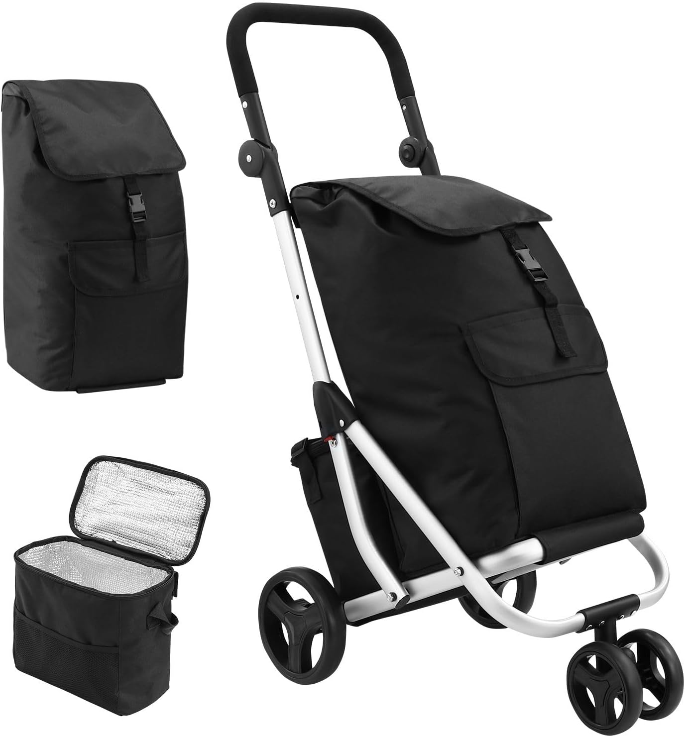 Maxkon Aluminium Shopping Trolley Waterproof Utility Cart Foldable Shop Grocery Bag with Insulation Bag Market Luggage with Wheels Black 45L image number 1