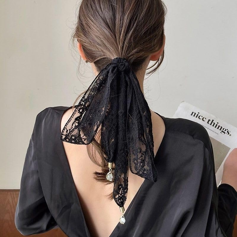 FUNNTY Head Scarf for Women Lace Hair Bandana Headband 80S Long Hair Ribbon for Neck Purse Scarf Lace Embroidery Hair Ties for Braid Vintage Hair Ribbons for Ponytail, Black image number 5