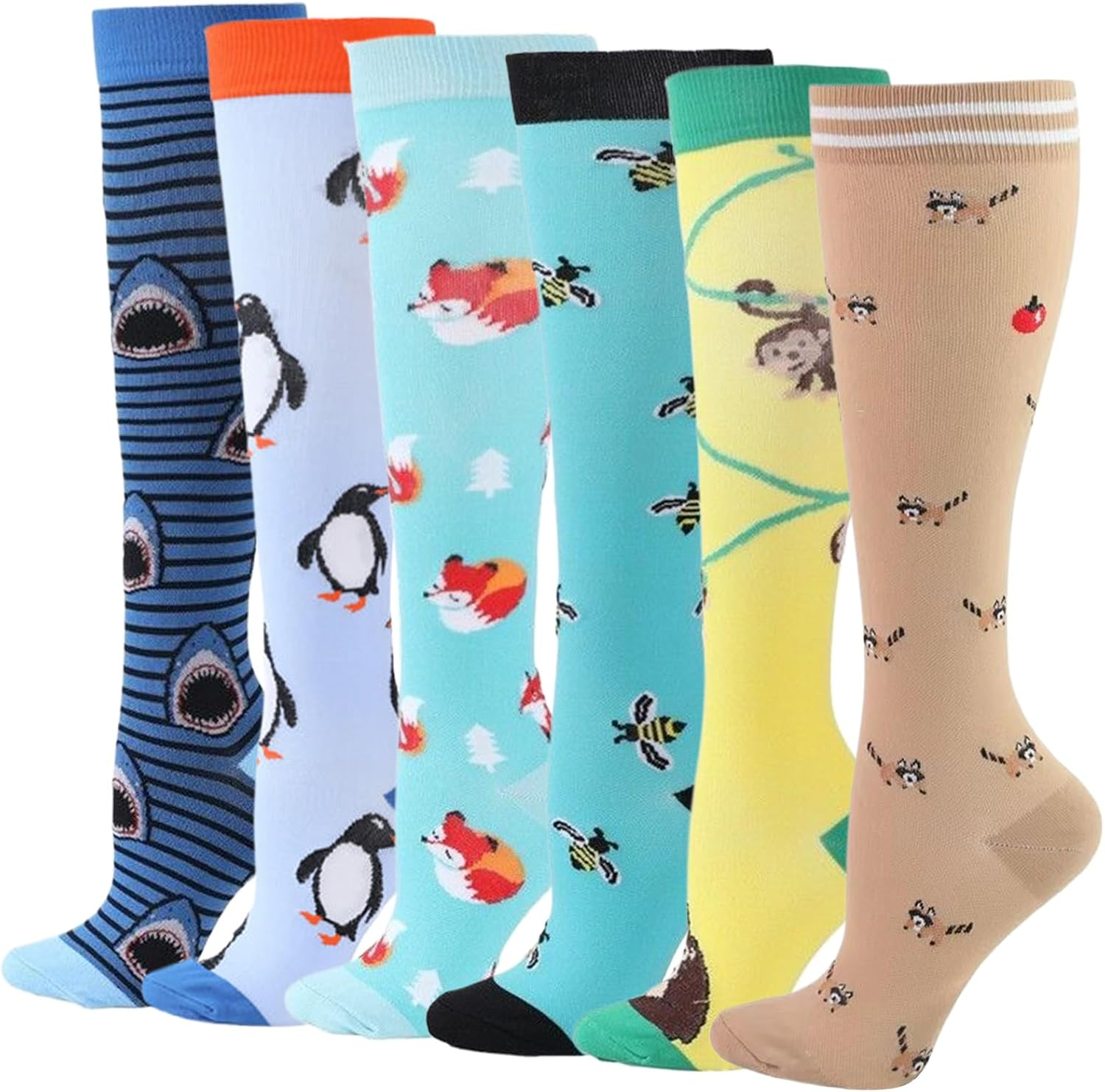 Dress Cici Compression Socks for Women, Heart, Dot, Striped, Floral, Animal, Ribbon, Tree, Geometric, Fruit, Food, Gradual, Knee High Compression Stockings Sock (6 Pairs)