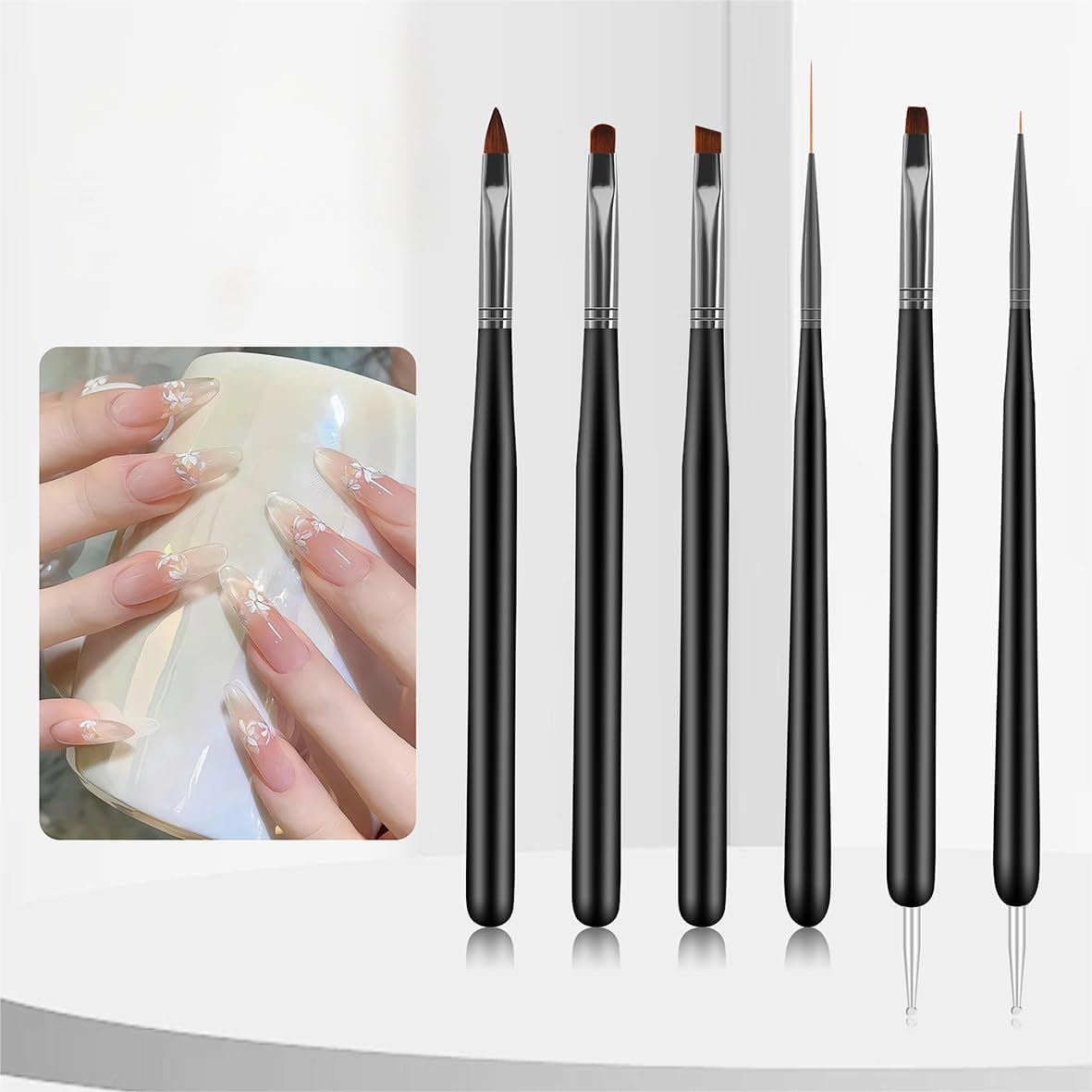 Nail Art Brushes, 6Pcs Nail Art Painting Tools with Nail Art Fine Liner Brush, Nail Design Painting Brushes Set, Builder Gel Brush, Nail Dotting Pen for Gel Polish Manicure Salon DIY, Black