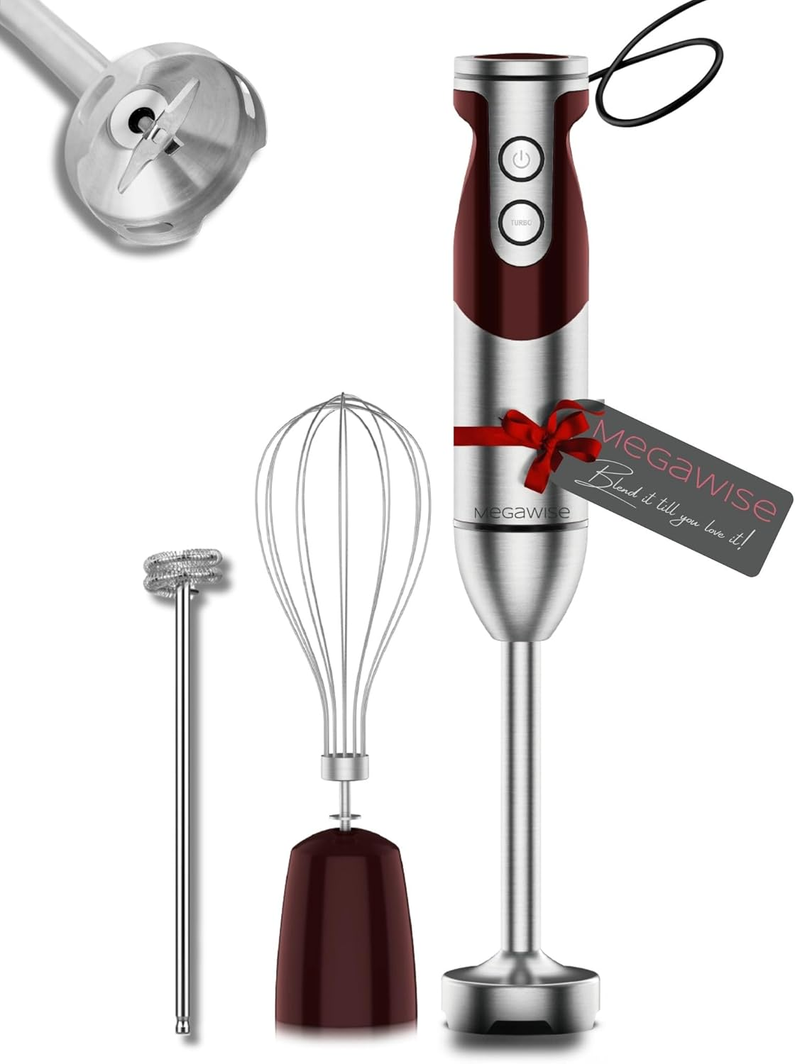 Megawise Pro Titanium Reinforced 3-In-1 Immersion Hand Blender, Powerful Copper Motor with 80% Sharper Blades, 12-Speed Corded Blender, Including Dish Washer Safe Whisk and Milk Frother