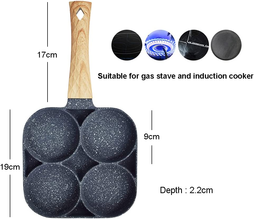 New 4 Hole Frying Pan Omelet Pan for Burger Eggs Ham Pancake Maker Wooden Handle Frying Pot Non-Stick Breakfast for Gas or Induction Stoves image number 6
