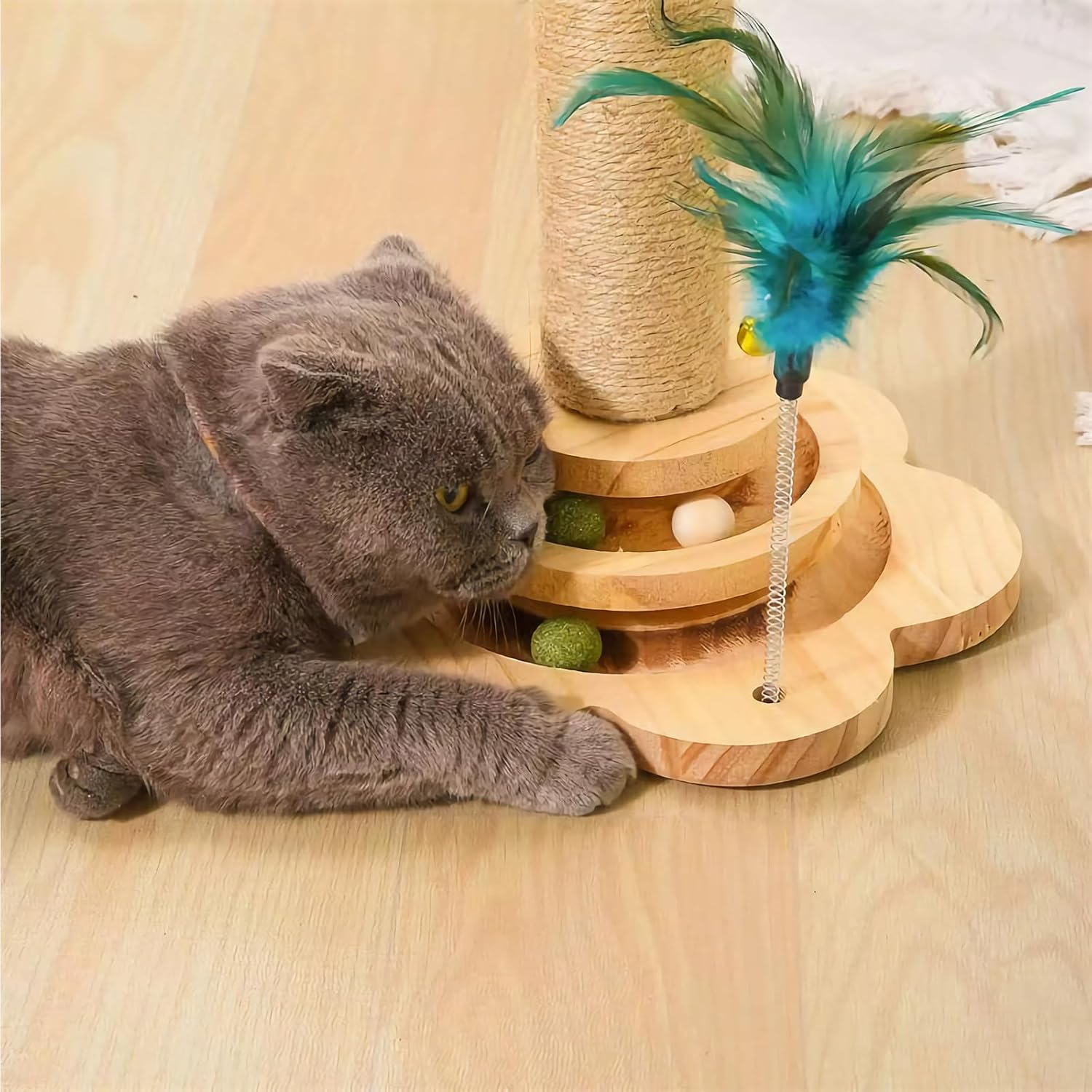 Cat Scratching Post 50 CM with Dangling Ball and Cat Teaser, Cat Scratcher Kitten Toys for Indoor Cats Wooden Ball Track, Scratch Post Interactive Toy image number 1