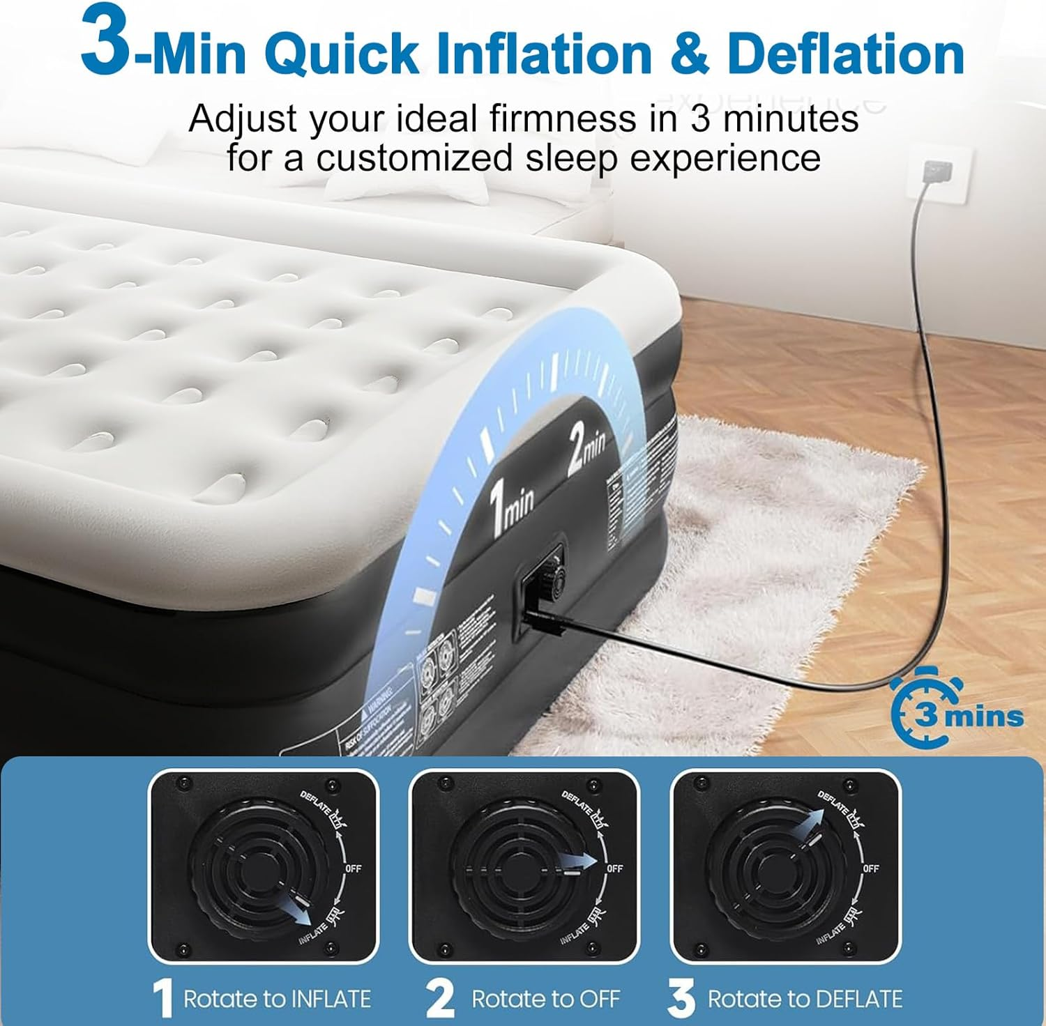 Queen Size Air Mattress,Built-In Air Pump,Automatic Inflating/Deflating PVC Waterproof Material,Skin-Friendly Flocking Surface, 203&times;152&times;47CM,300KG MAX, Suitable for Family Camping image number 3