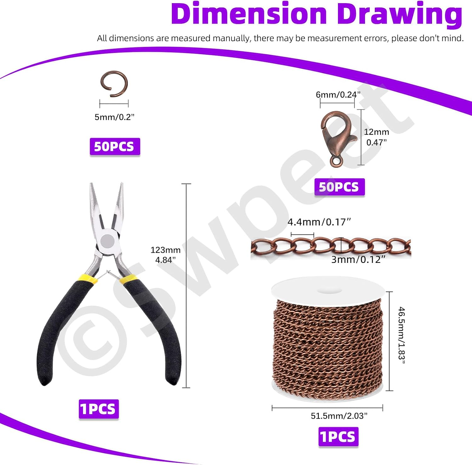 Swpeet 102Pcs Red Bronze 3Mm by 10 Yard Length Jewelry Making Chains Kit with Jump Rings, Lobster Clasps and Jewelry Plier, Necklace Chains Flat Cable Link Chain Bulk Ideal for DIY Craft Jewel Making - Black image number 7