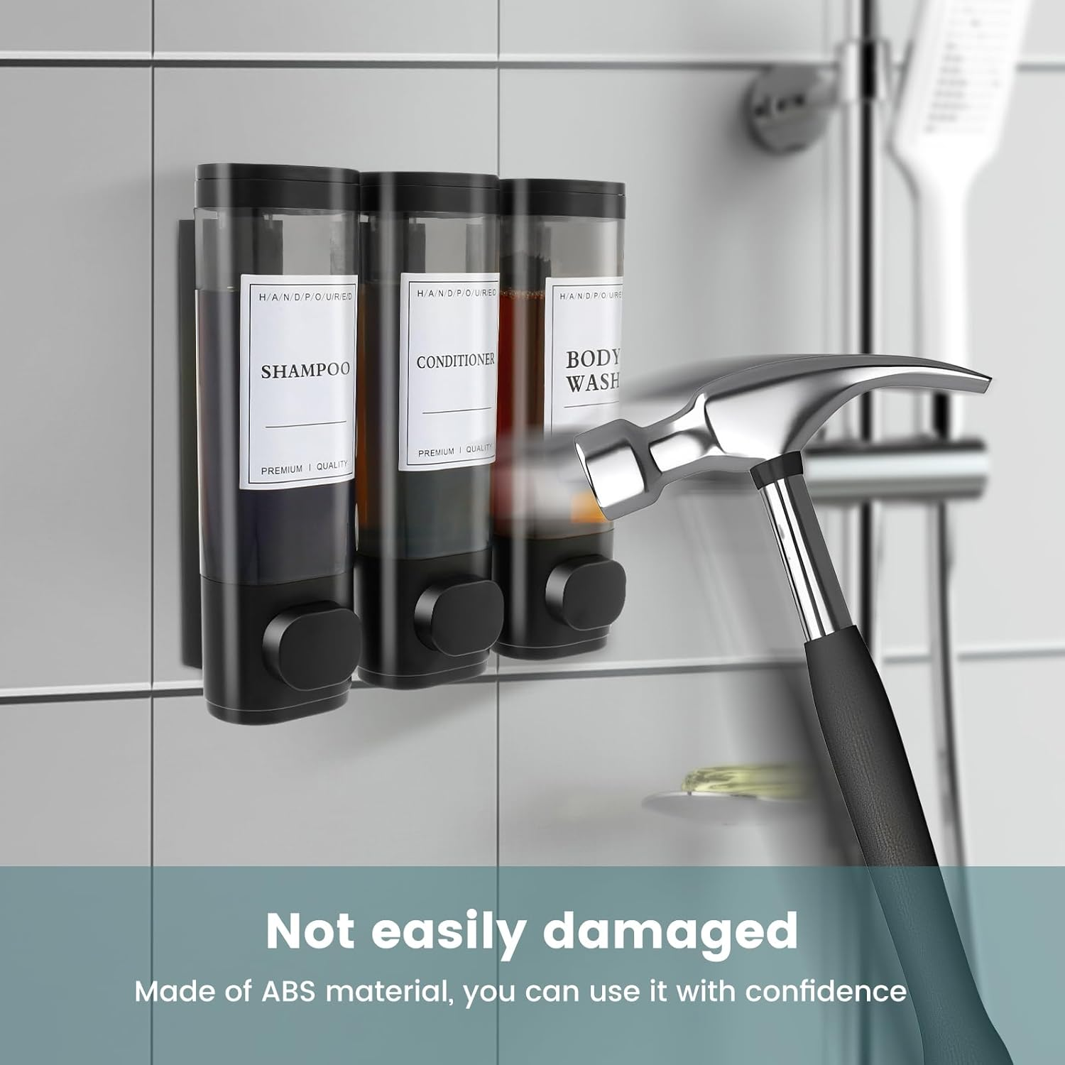 No Drill Shower Soap and Shampoo Dispenser - 3 Chamber Wall Mounted for Bathroom (Black) image number 1