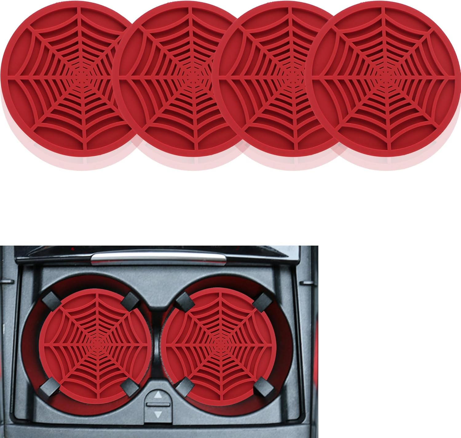 4PCS Silicone Car Coasters,Unique Spider Web Non-Slip Car Cup Holder Coaster Car Interior Accessories,Universal 2.75 Inch Car Drink Coaster for Women Men (Pink)