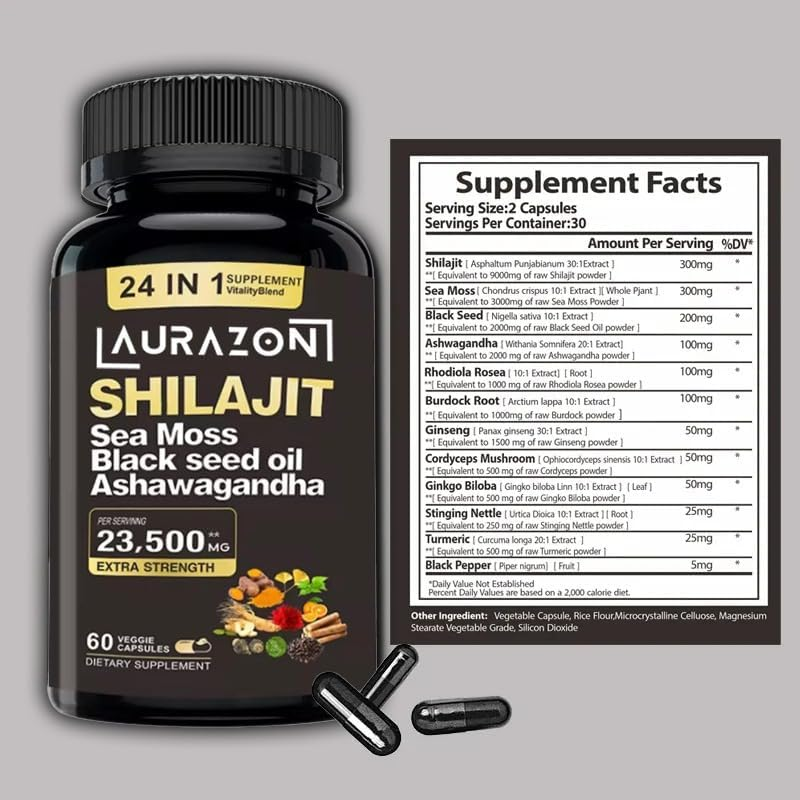 Aurazon Pure Himilayan Shilajit Enriched with Ashwagandha,Sea Moss,Black Seed Oil & Rhodiola Rosea, High Strength 23500 Mg Shilajit Complex Capsules with 2 Months Supply for Both Men and Women image number 2