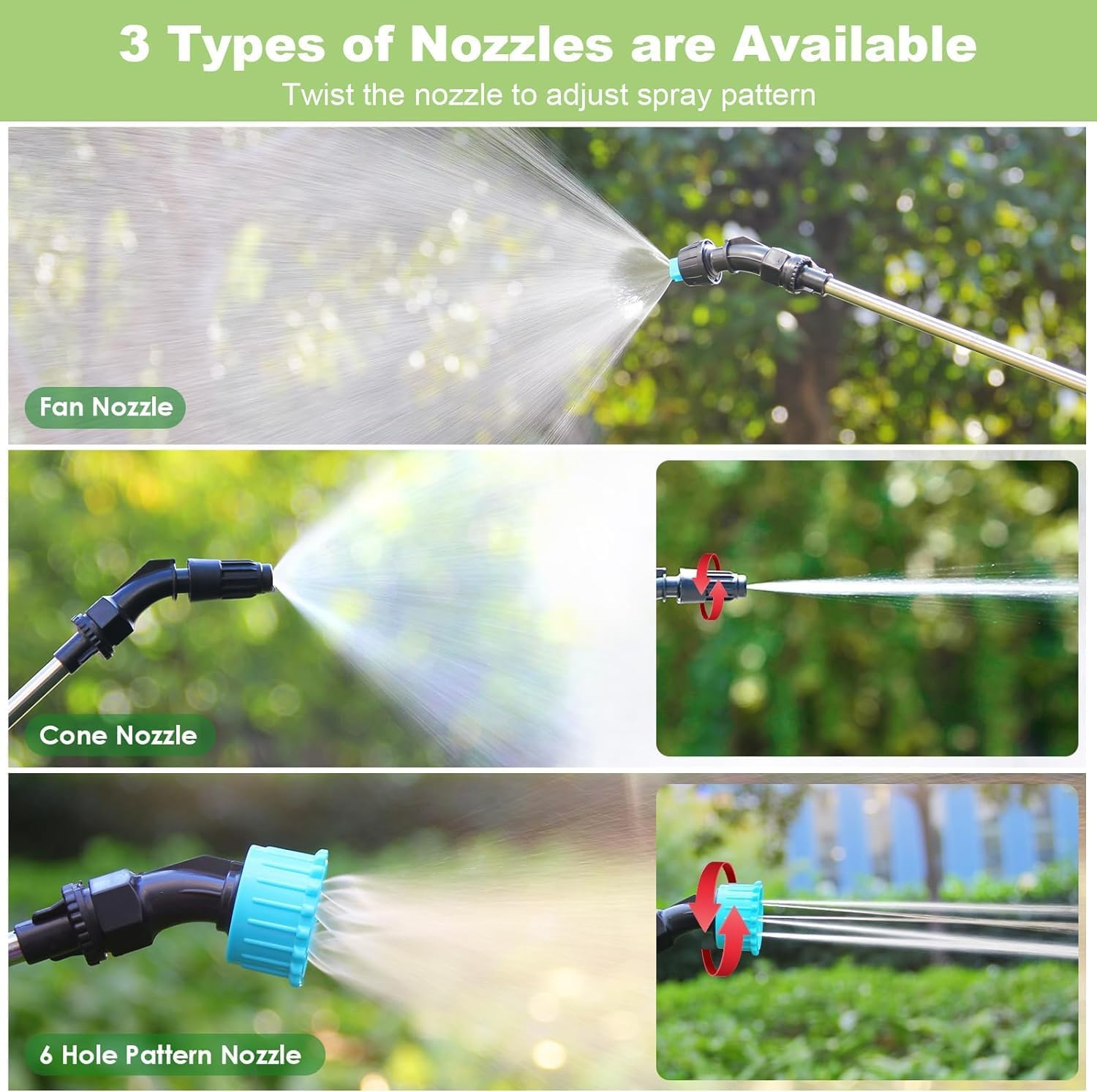 JINDUN Battery Powered Sprayer 8L, Upgrade Powerful Electric Sprayer with 3 Mist Nozzles&Rechargeable Handle, Retractable Wand, Garden Sprayer with Adjustable Shoulder Strap for Lawn,Garden,Cleaning image number 6