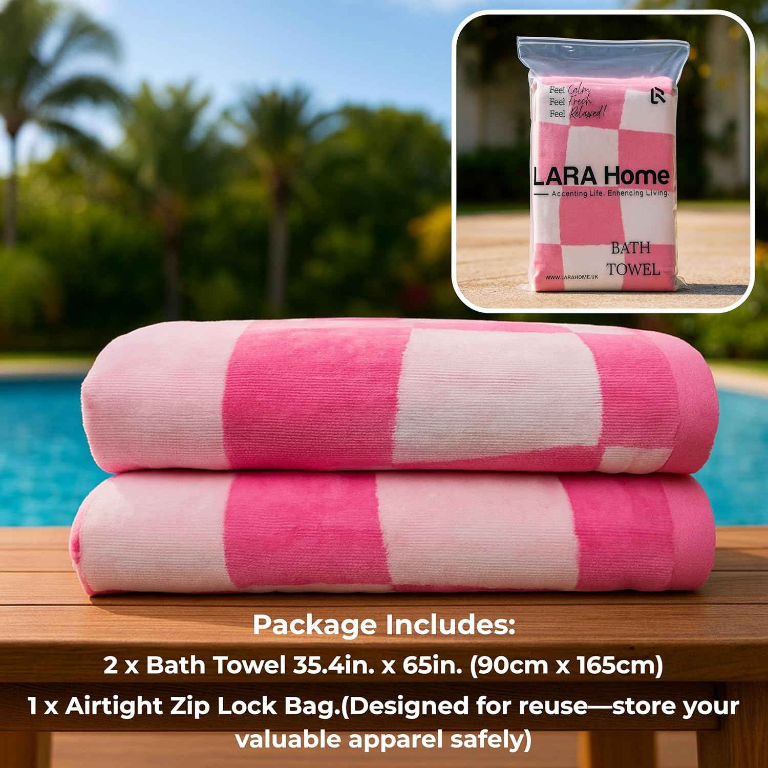 LARA Home Luxury Jacquard Velour Beach Towels, 100% Cotton, Large Beach Towel Size 90X165Cm, 500GSM, Pack of 2, Double-Sided Pattern Velvet (Pink White Pattern) - Green White Checkered image number 2