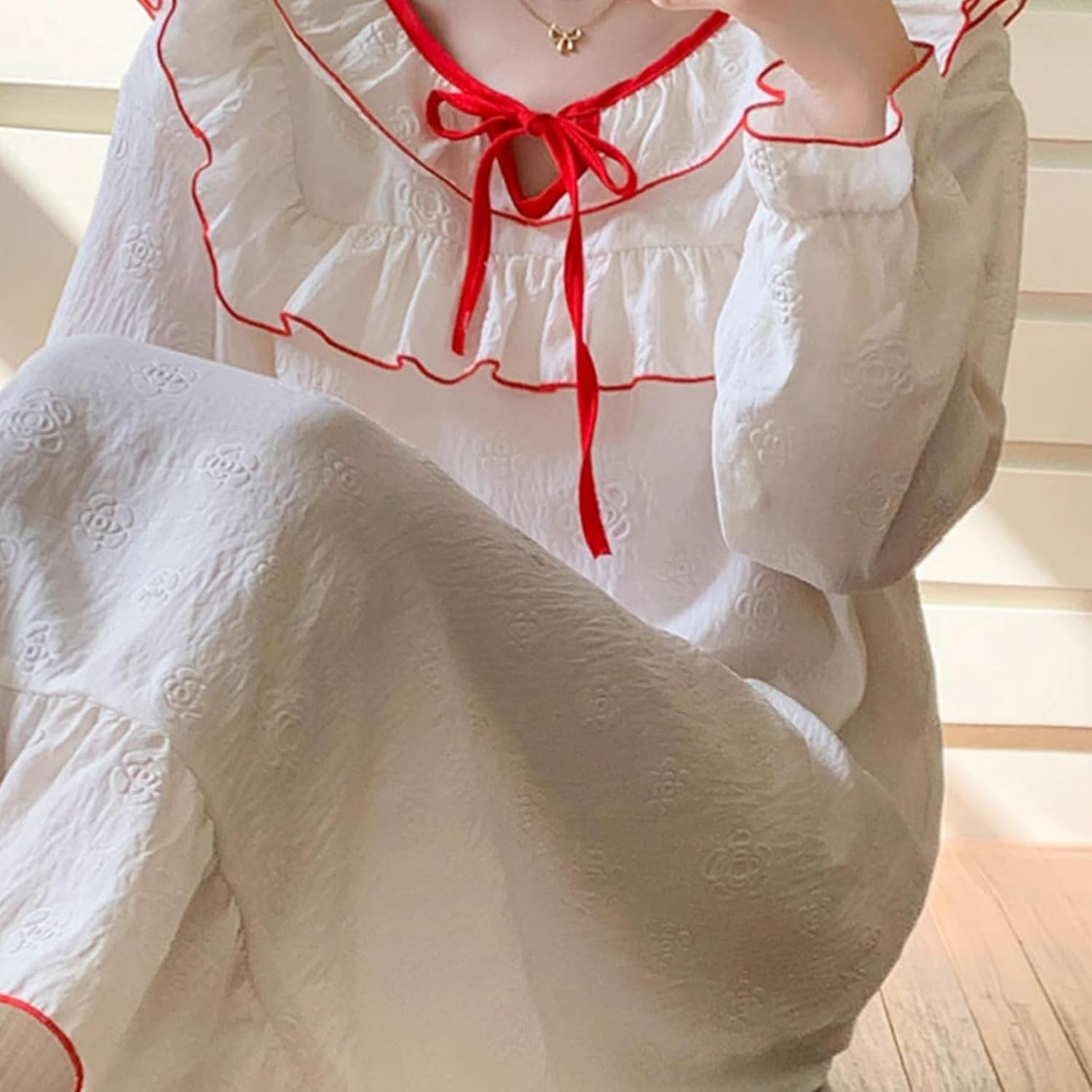 Polyester Fiber Nightgown round Neck with Chest Pad Nightdress Long Sleeve Can Be Worn Outside image number 5