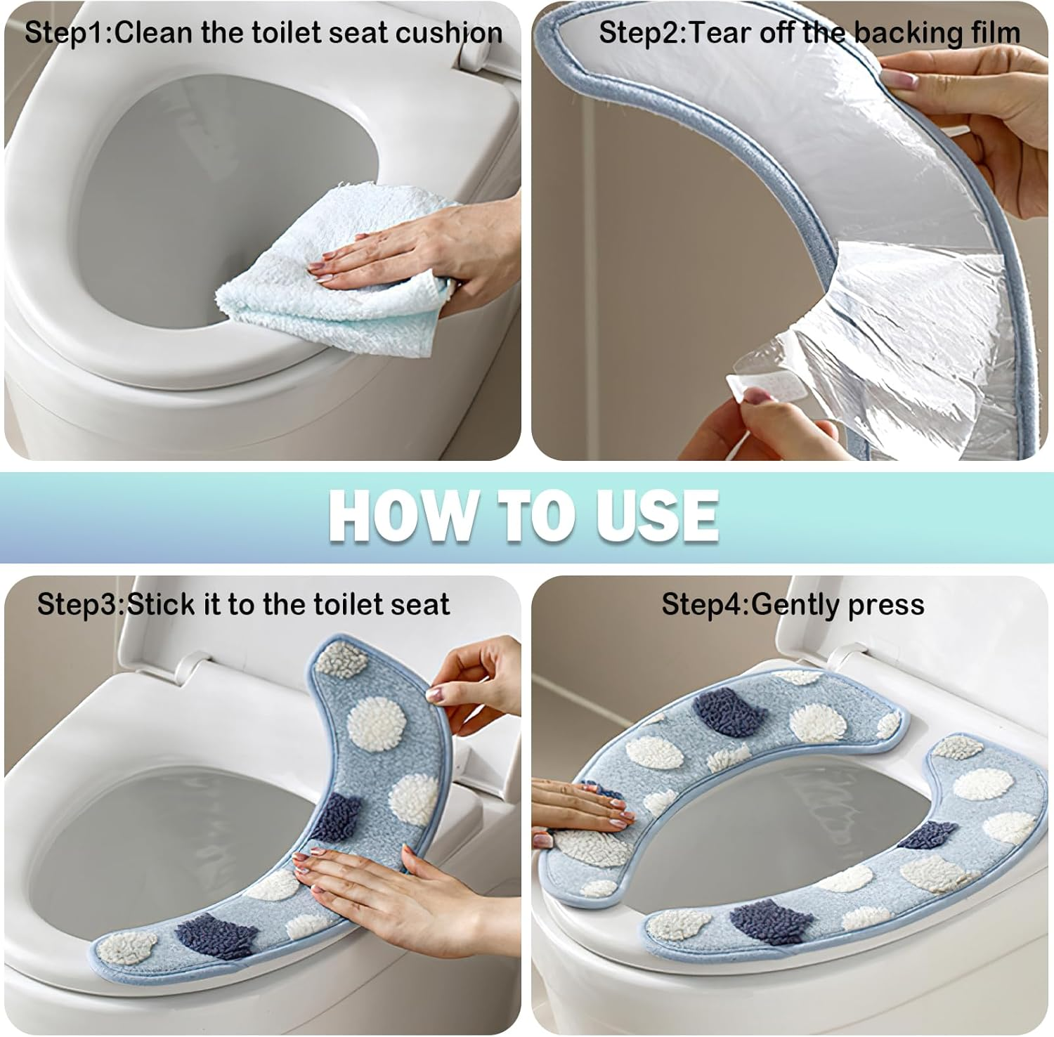 Iensen Thick and Warm Toilet Seat Cover &ndash; Washable, Reusable Cushion with TPR Adhesive Back & Decorative Pattern for Comfort & Insulation (Blue) image number 3