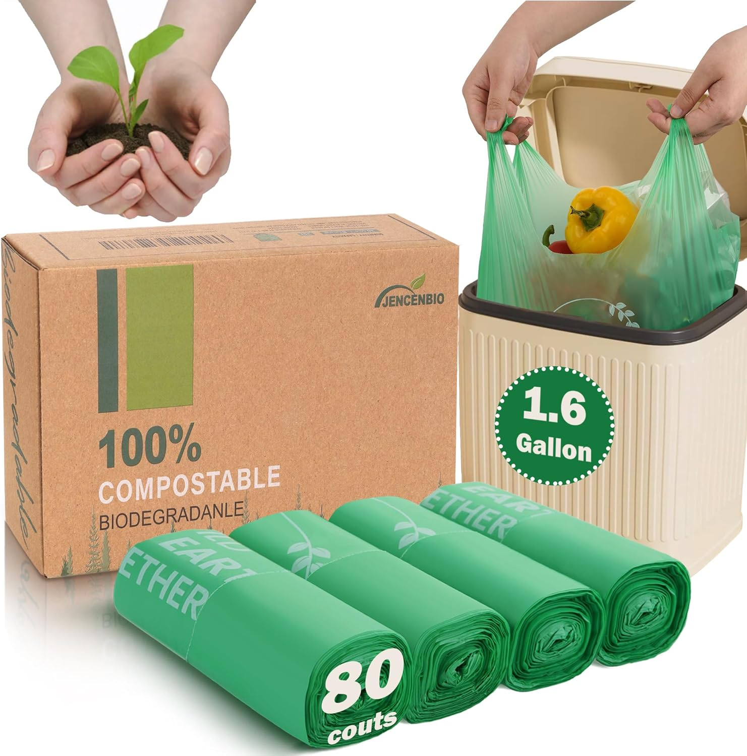 Compostable Bin Liners 6 Liter Extra Thick 0.6 Mils, Biodegradable Food Scrap Waste Bags with US BPI ASTM D6400 and Europe OK Compost Home Certified 80 Couts image number 3