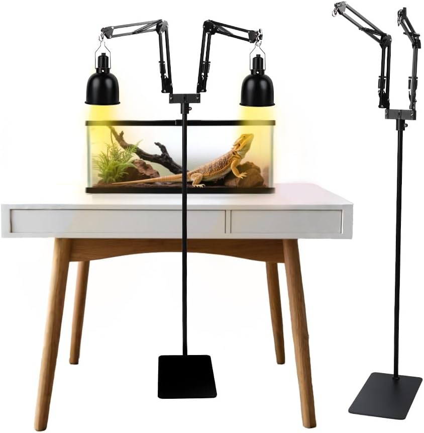 Dual Reptile Lamp Stand, Grow Light Stand with Two Flexible Brackets, Heat Lamp Metal Bracket Floor Light Holder and Light Fixture for Reptile Terrarium image number 4