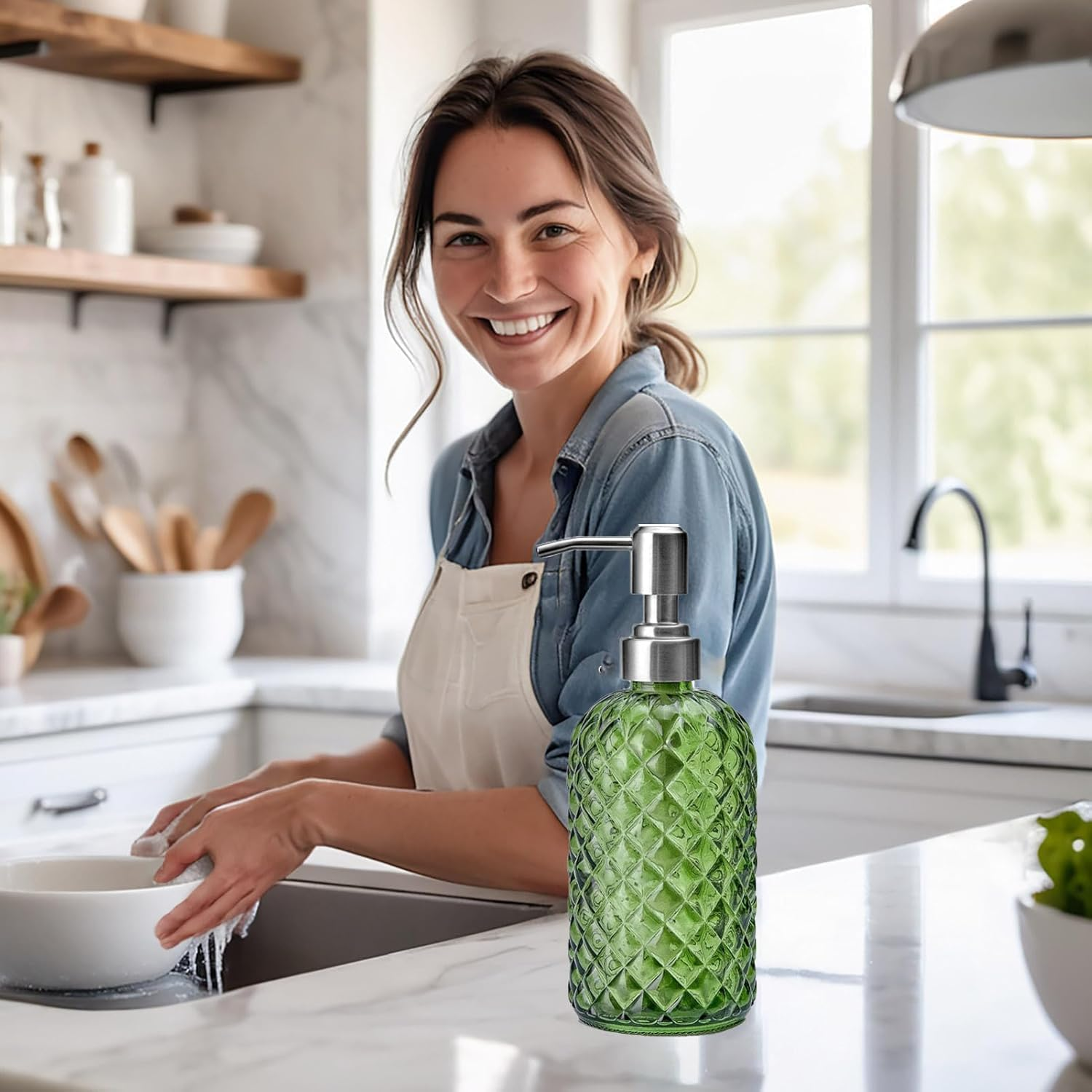 AXIM Glass Soap Dispenser with Stainless Steel Pump,400Ml Refillable Lotion Soap Bottle, Dish Soap Dispenser, Hand Soap Dispenser, Home Decoration (2 Pc/Green) image number 2