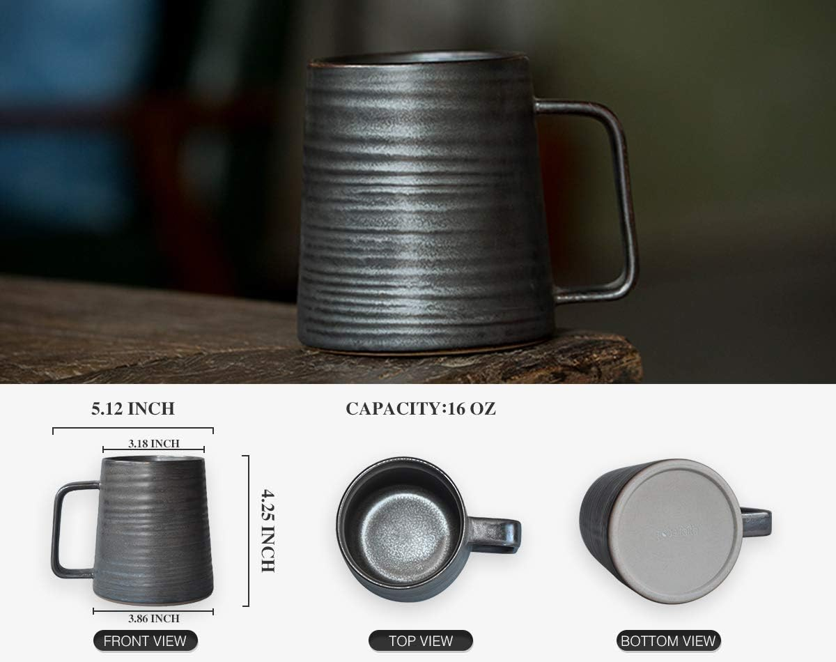 Globe Faith Large Handmade Pottery Coffee Mug, Unique Metallic Glazed Ceramic Drinking Cup Coffee Cup with Big Handle for Home, Office or Gifts, Microwaveable, Annular Texture 16 Oz image number 1