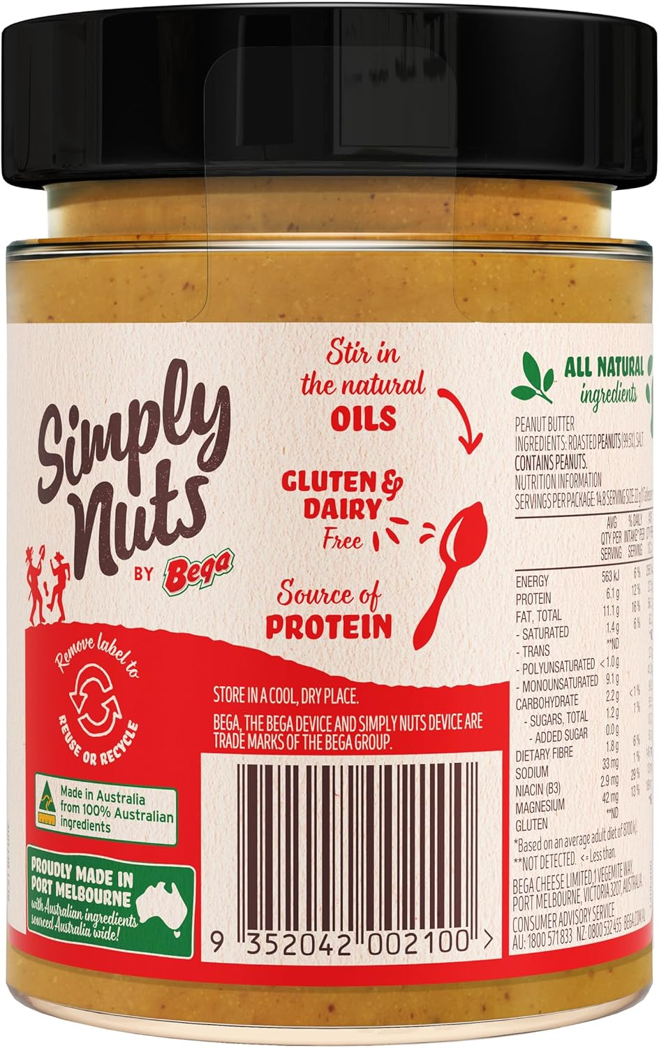 Bega Simply Nuts, Crunchy Natural Peanut Butter, with a Pinch of Salt, 100% Australian Peanuts, Jar 325G image number 3