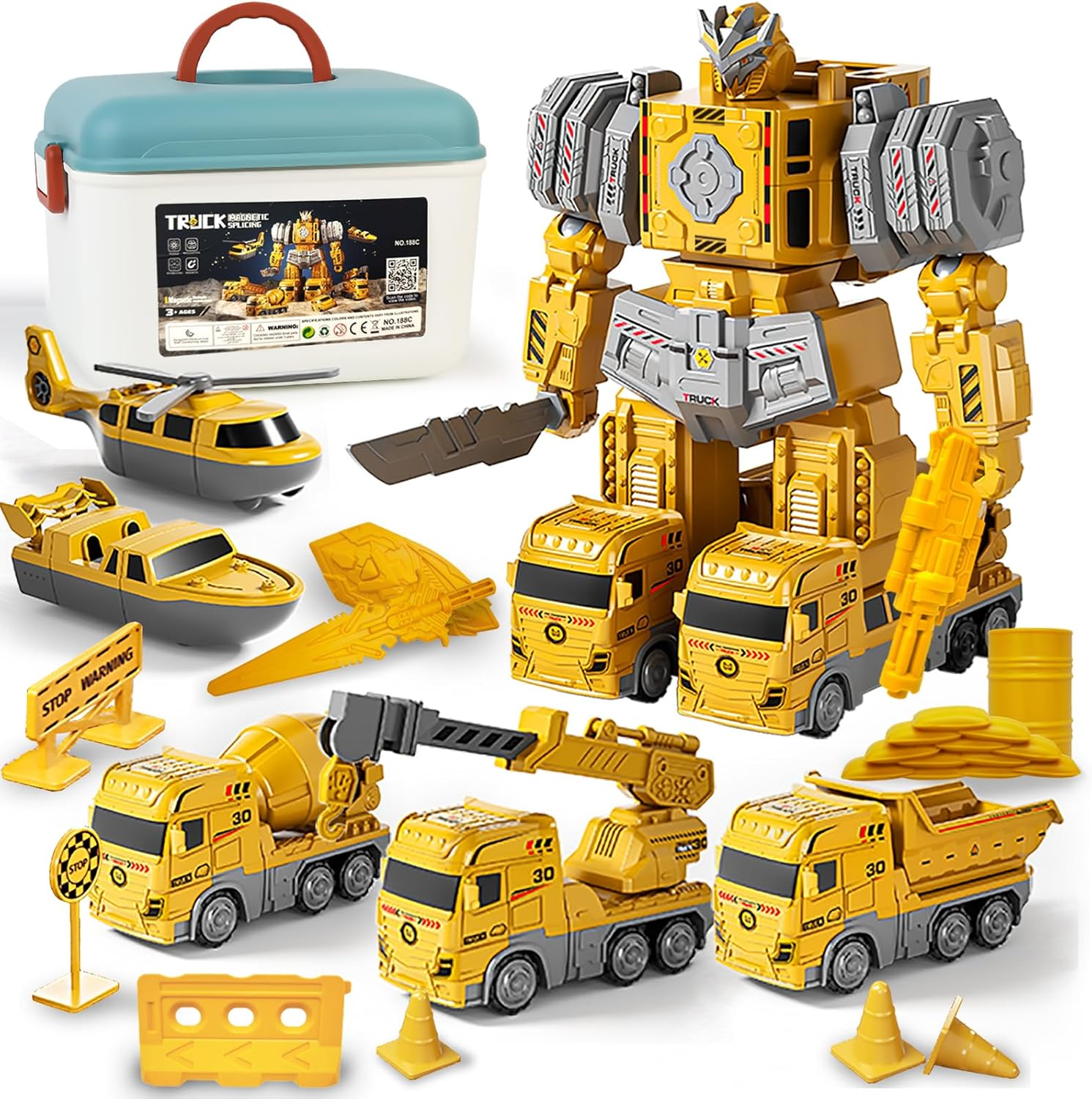 PELOSTA Toddler Magnetic Construction Vehicles Set, 5 PCS Transforming Robot with Storage Box,5 in 1 DIY Assembly Magnetic Engineer Toys,Stem Gifts Building Blocks for Boys Girls Age 3-8(36PCS) image number 6