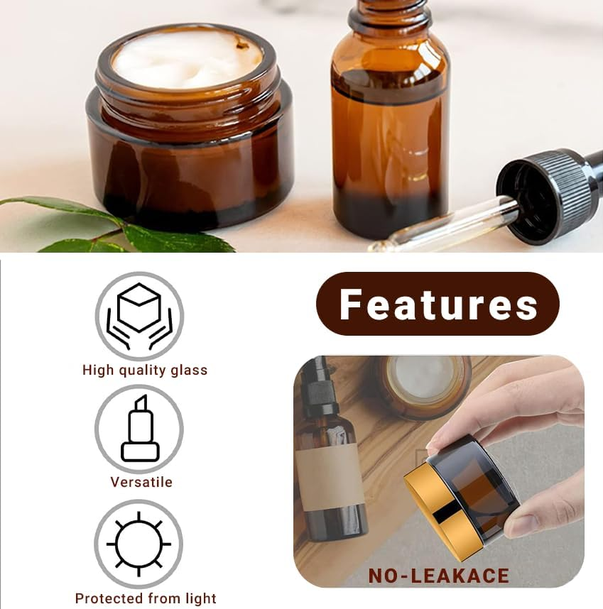 JOWILIN Glass Cosmetic Containers Set, 6 Pcs 50G/50Ml Empty Sample Jars with Inner Liners & Lids & 4 Spatulas Tool, Portable & Reusable Pot, Refillable Travel Jars for Makeup, Lotions, Cream (Amber) - Clear image number 6