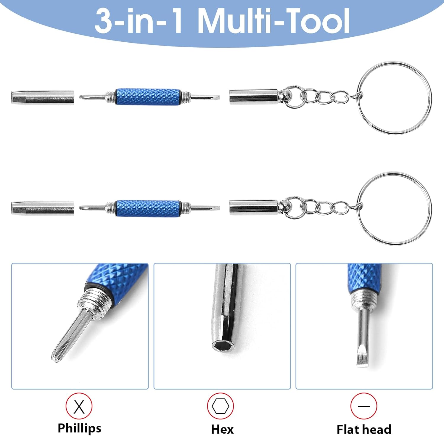 2 Pcs Precision Screwdriver Eyeglass Repair Kit, 3-In-1 Mini Screwdriver Set with Keyring for Glasses, Watches, Electronics & Small Devices, Compact & Portable (Blue) image number 5