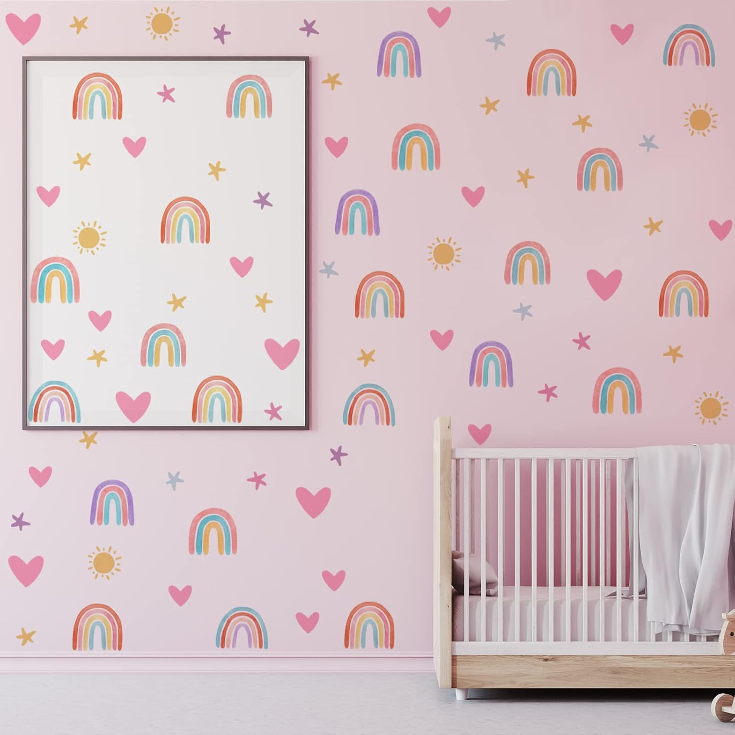 Rainbow Wall Decor Stickers Small Rainbow Wall Decal Watercolor Rainbow Heart Sun Star Wall Stickers for Girls Boys Baby Bedroom Nursery Wall Decor (Classic Color) image number 1