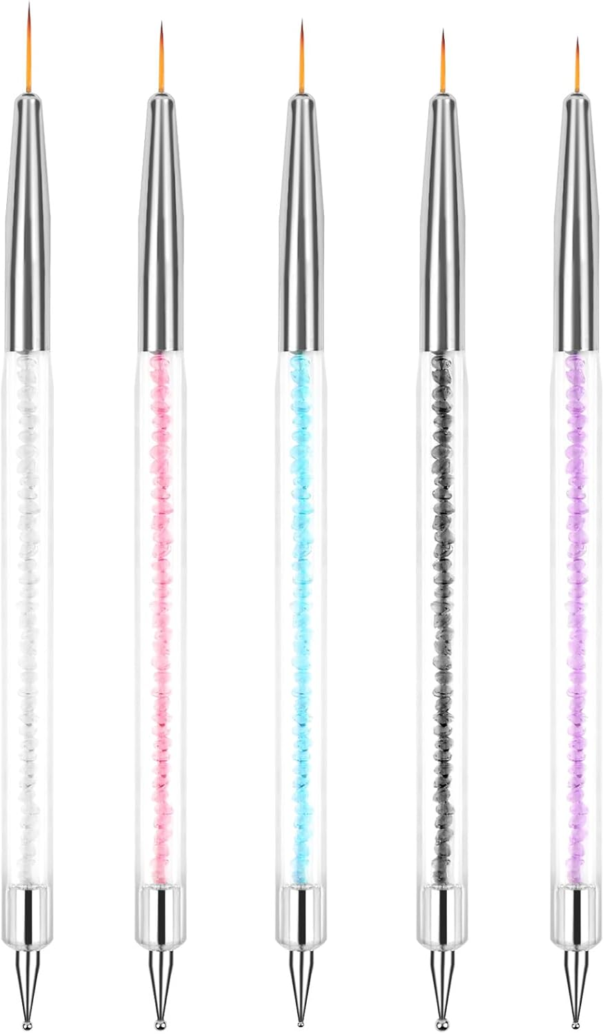 BUTBU Pack of 5 Nail Art Brushes, Double End Nail Art Liner Brush, Nail Design Brush, Painting Art Design Brush Set, Nail Dotting Drawing Tool for Long Lines, Thin Details (Colour Mix) image number 2