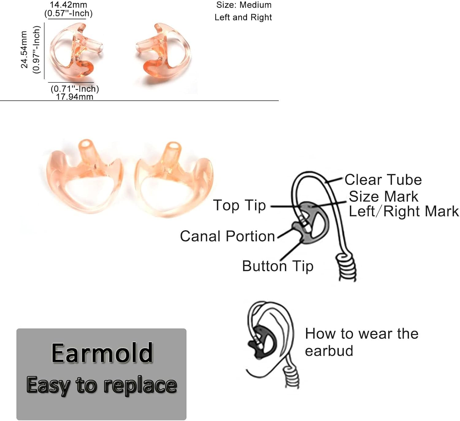 HYS 3.5Mm Police Listen Only Acoustic Tube Earpiece with One Pair Medium Earmolds for Speaker Mics image number 5